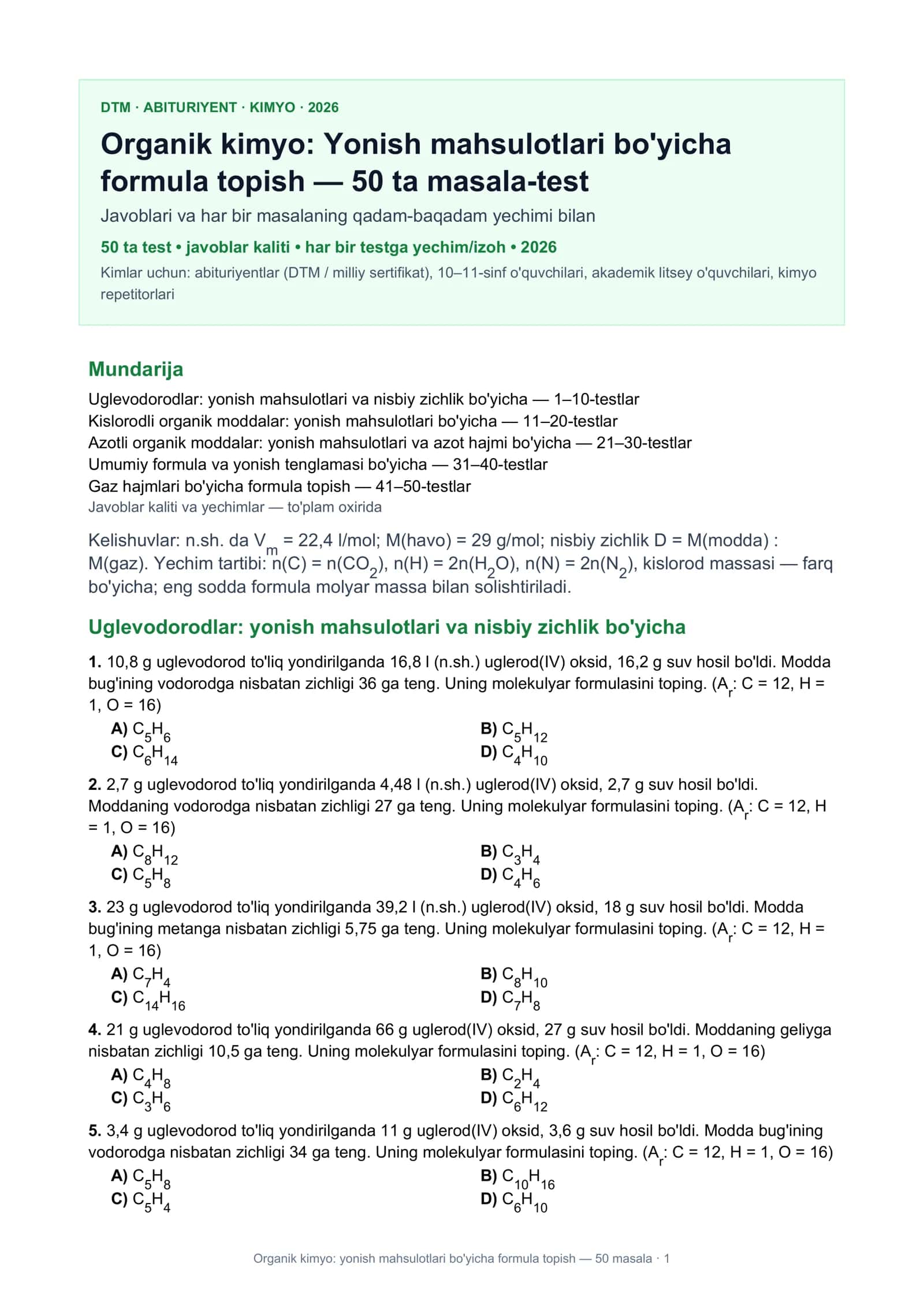 Organik kimyo: yonish mahsulotlari bo'yicha formula topish