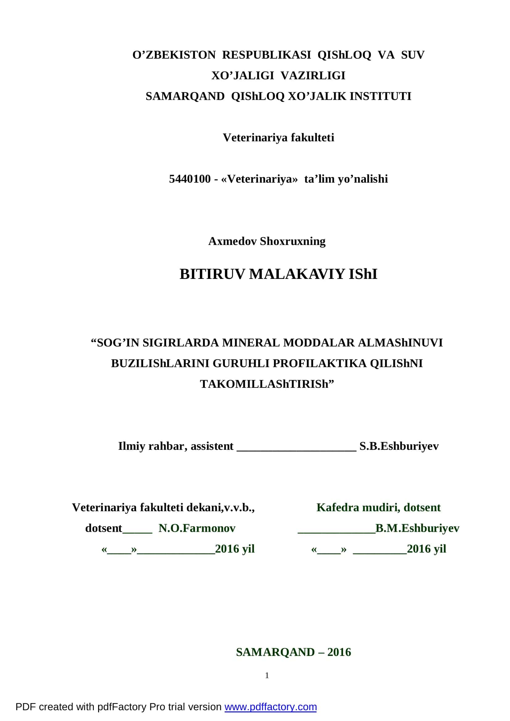 Fermer xo’jaliklari sharoitida sigirlar mikroelementozlarining guru