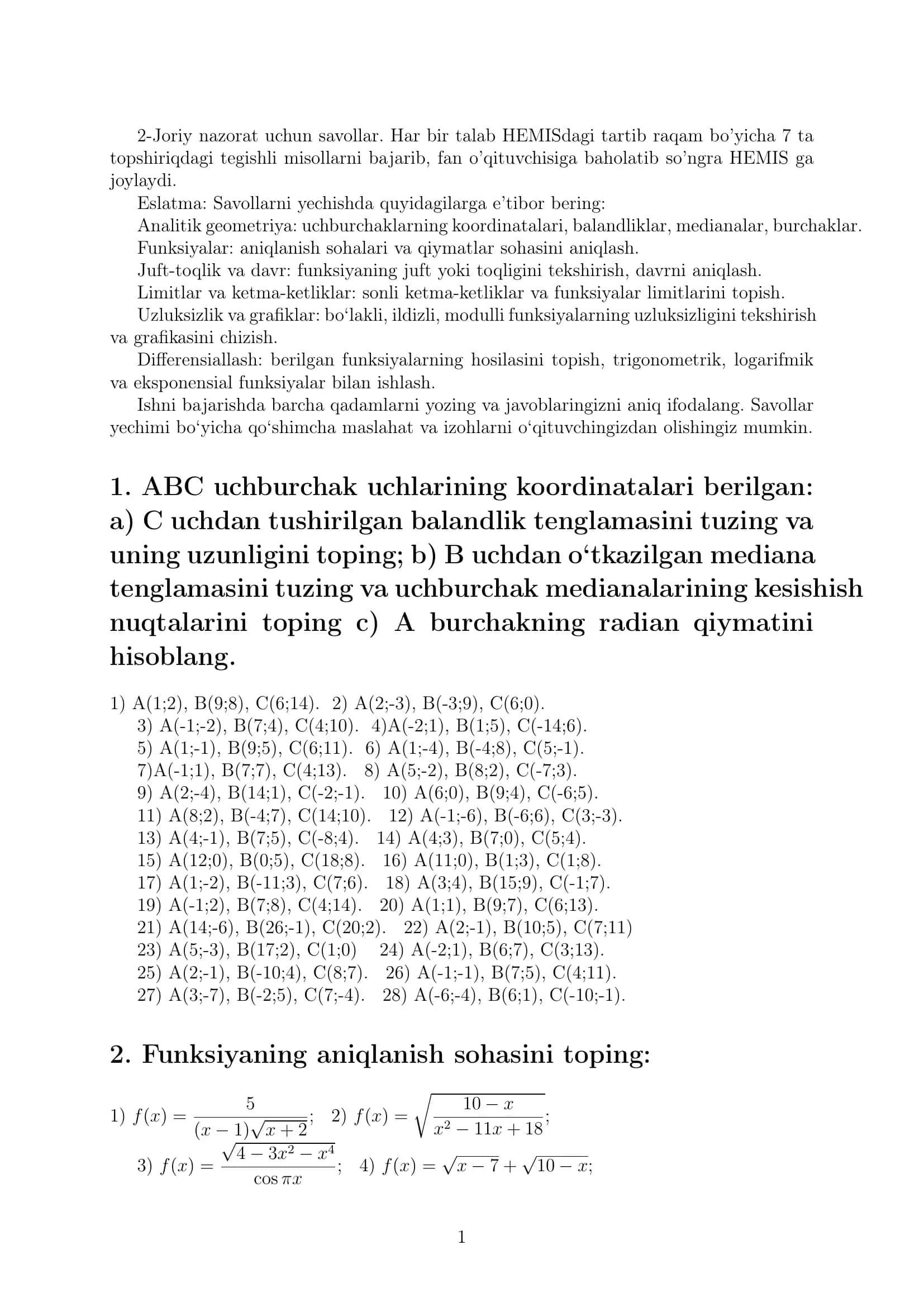 Funksiyalar, Limitlar,Differensiallash bo'yicha misollar