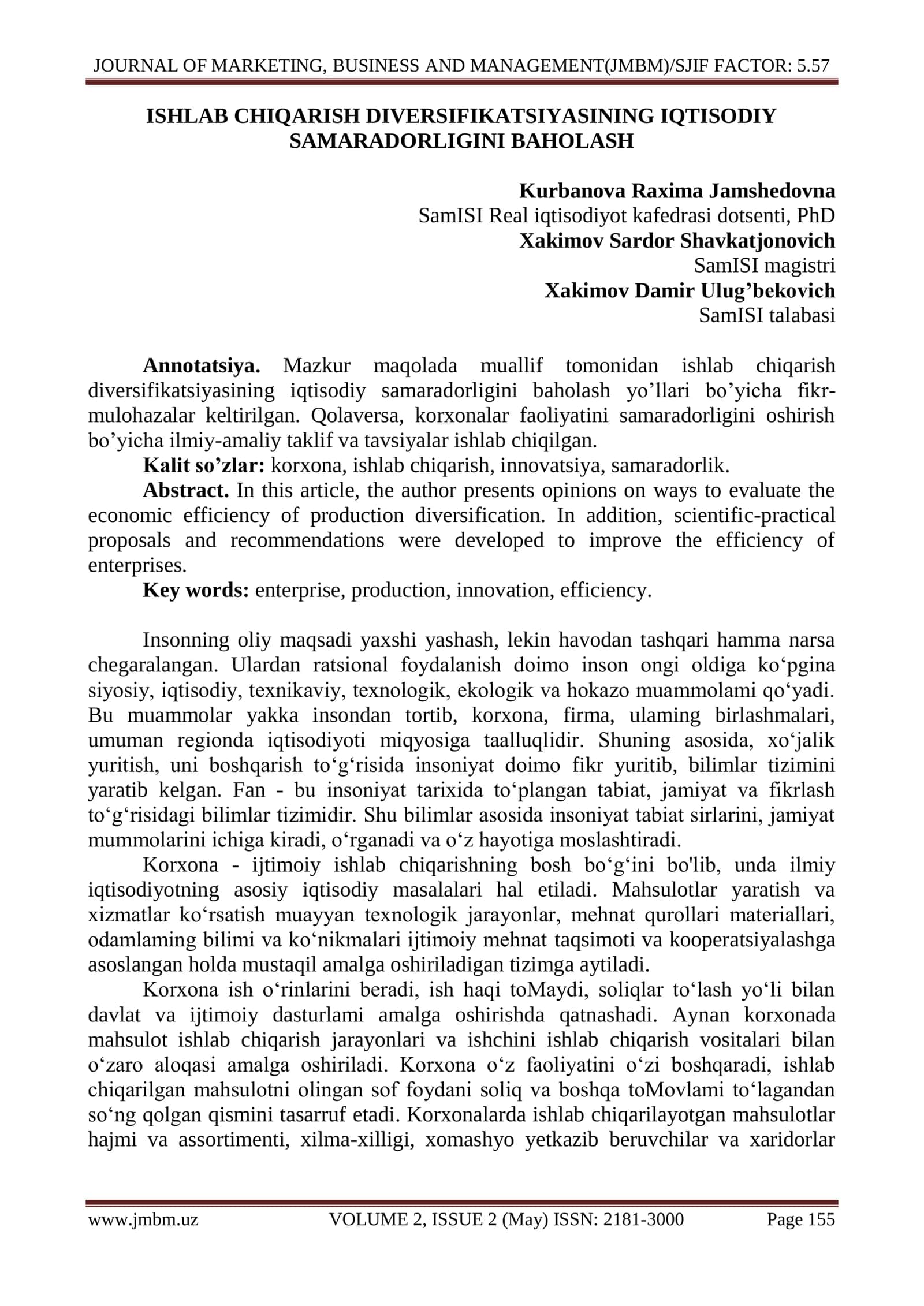Ishlab chiqarish diversifikatsiyasining iqtisodiy samaradorligini baholash