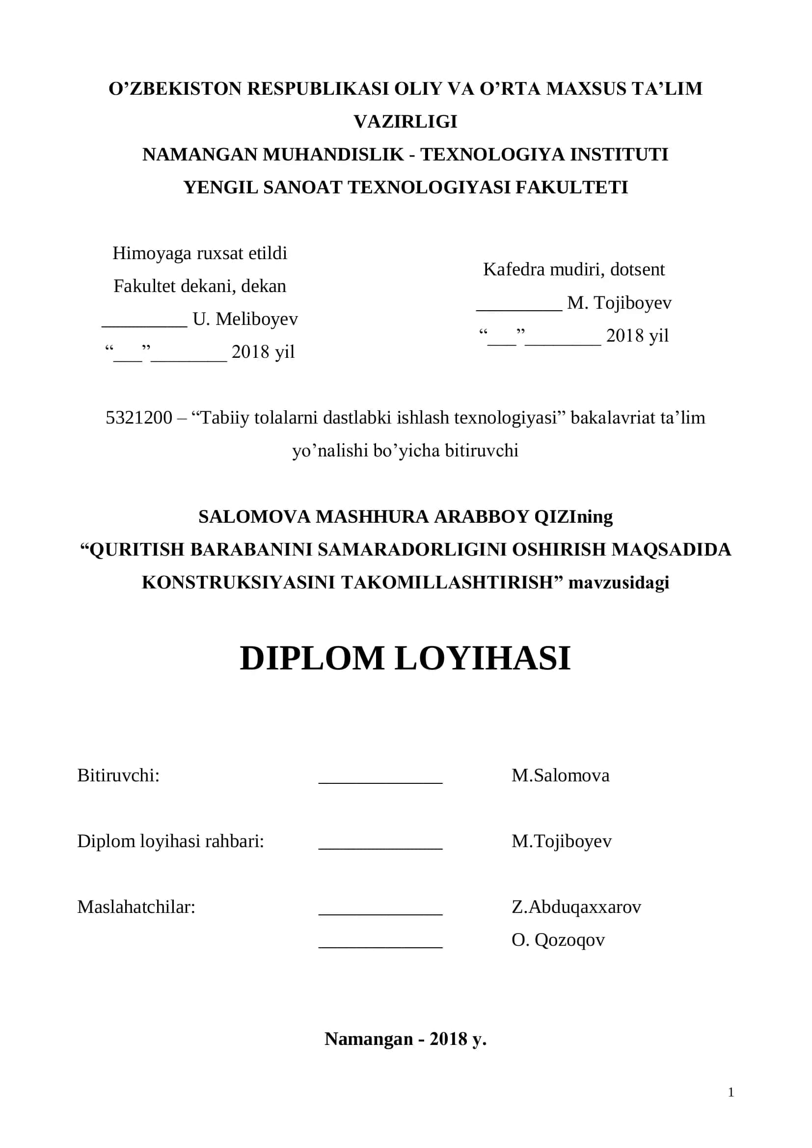 Konstruksiyani takomillashtirish diplom loyihasi