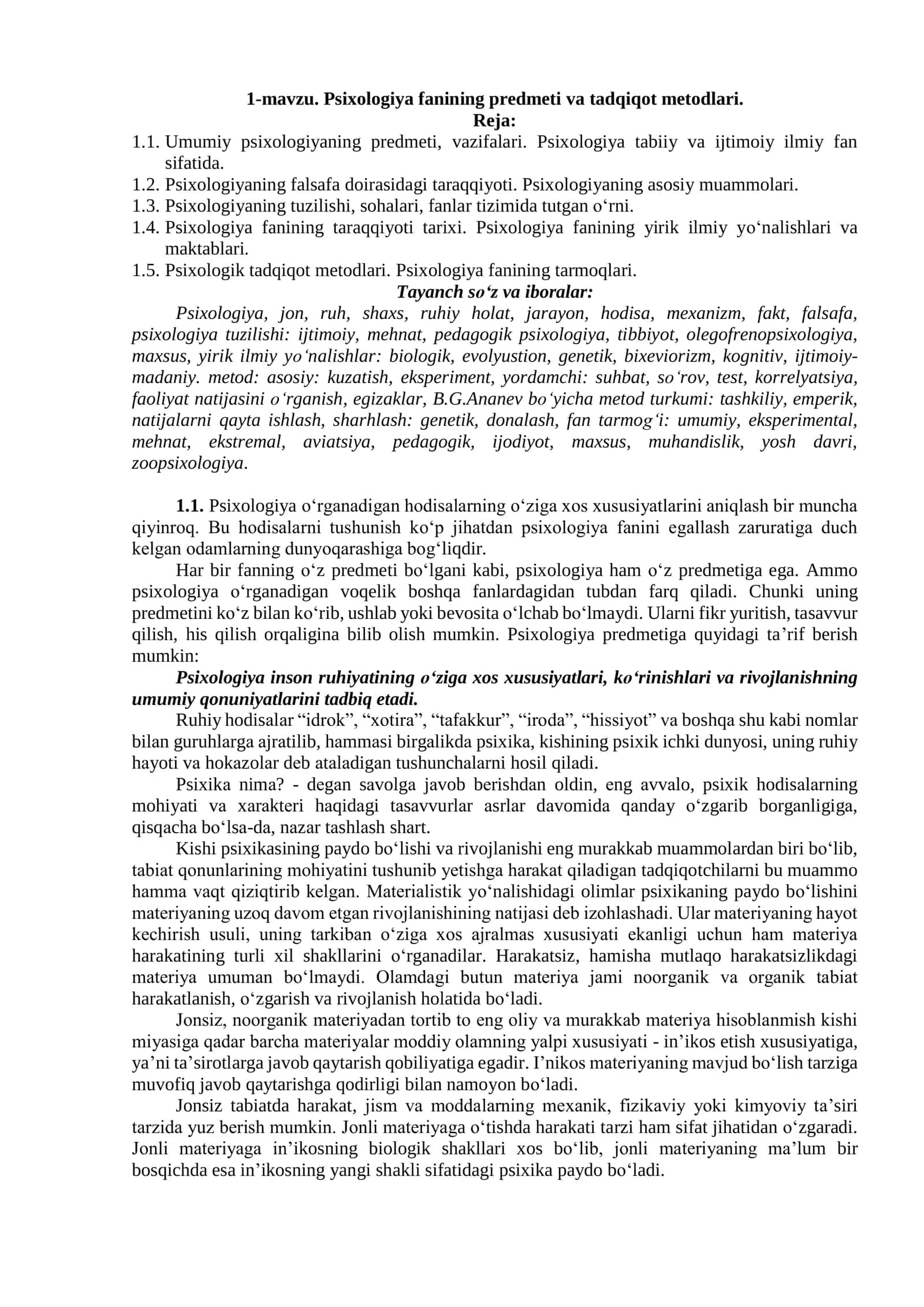 Psixologiya fanining predmeti va tadqiqot metodlari