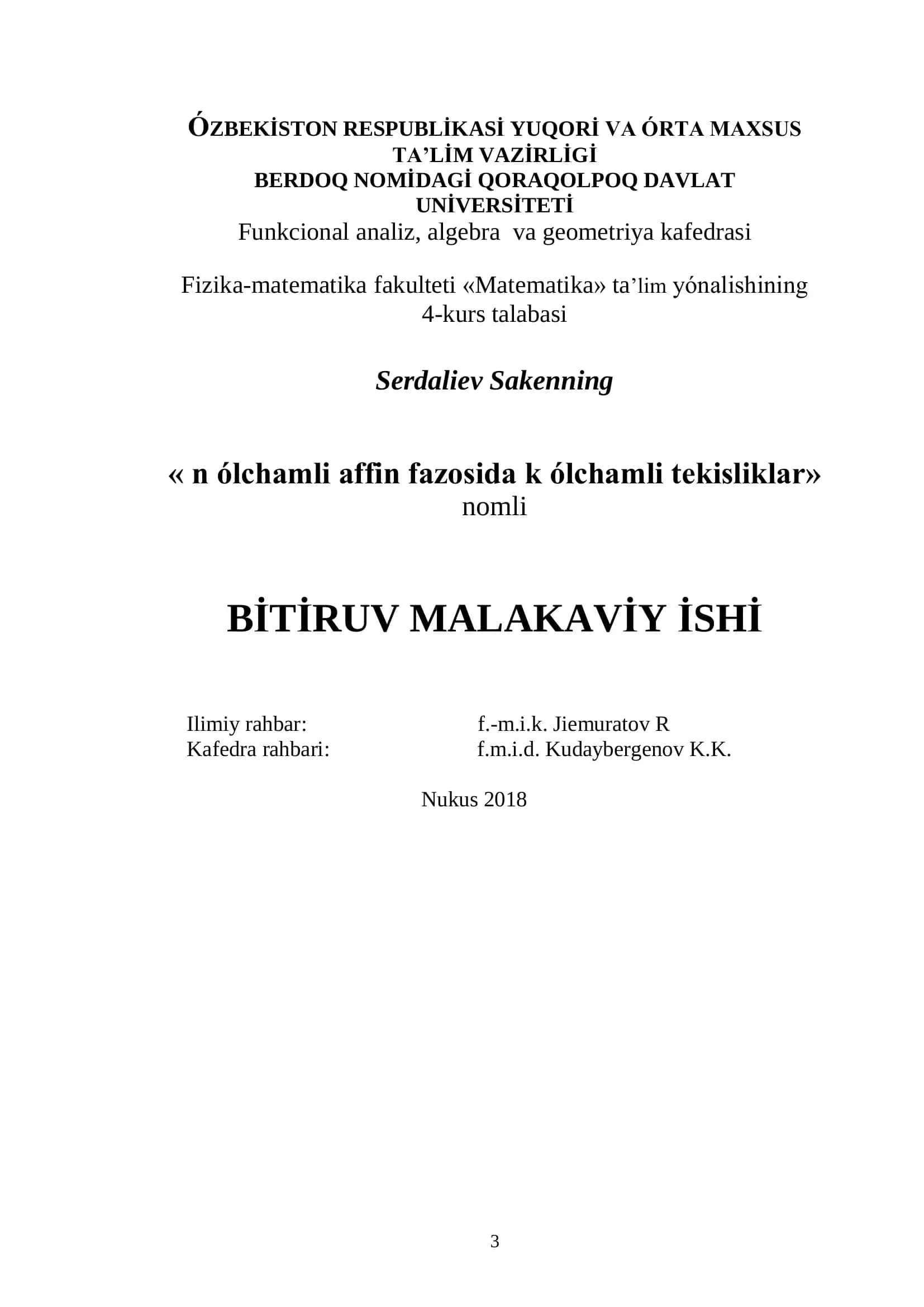 « n ólchamli affin fazosida k ólchamli tekisliklar»
