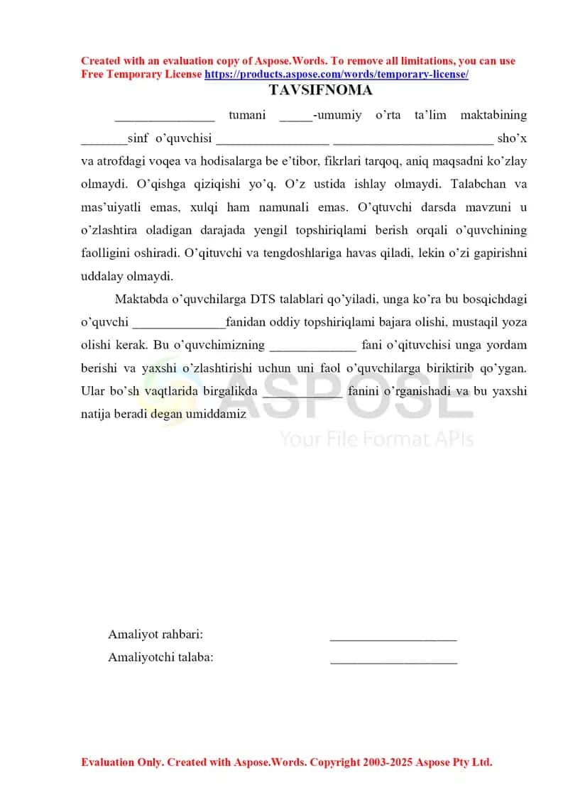 TAVSIFNOMA yaxshi yomon o'quvchi uchun