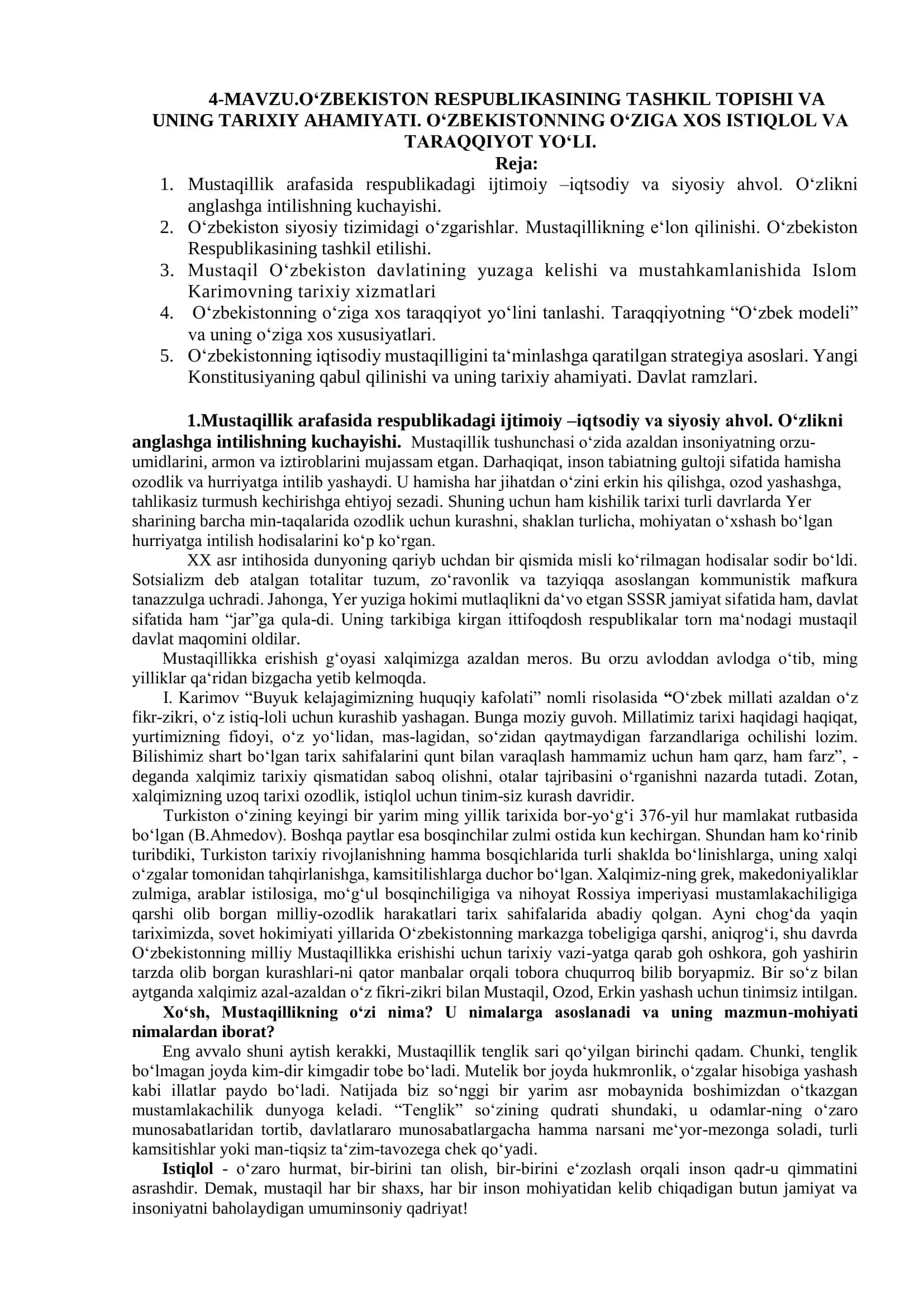 O‘zbekiston Respublikasining Tashkil Topishi va Uning Tarixiy Ahamiyati
