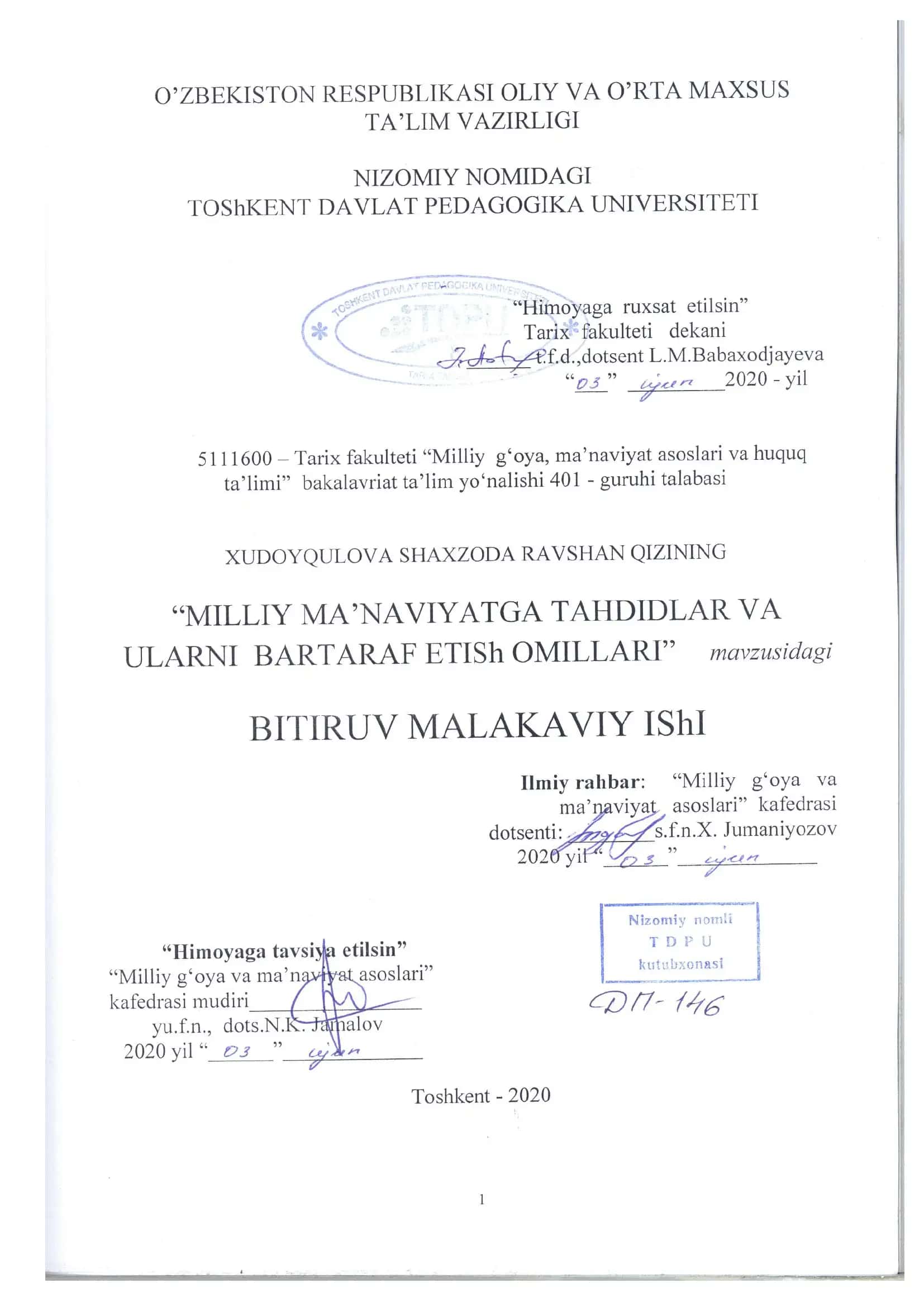 "MILLIY MA’NAVIYATGA TAHDIDLAR VA ULARNI BARTARAF ETISh OMILLARI" BITIRUV MALAKAVIY IShI