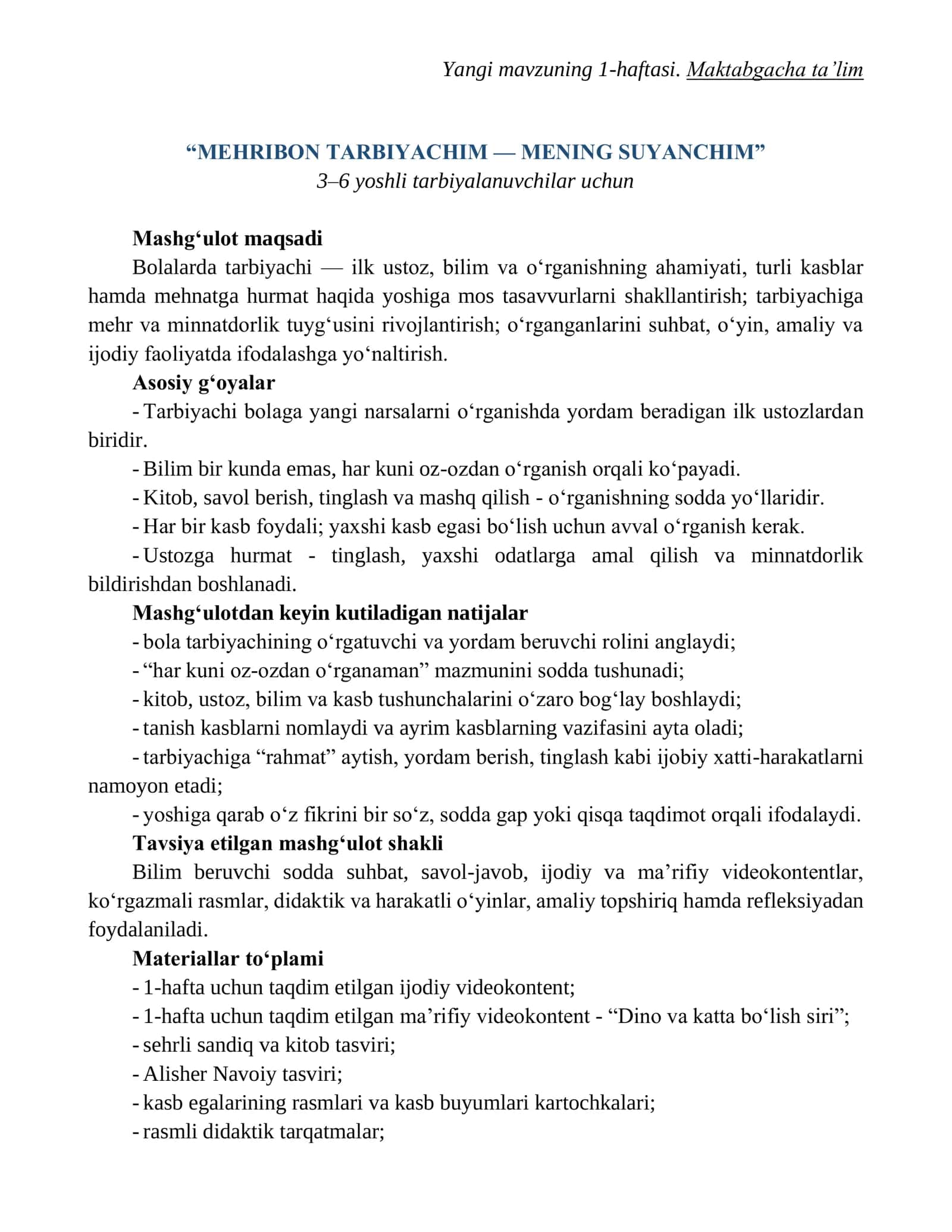 MEHRIBON TARBIYACHIM — MENING SUYANCHIM