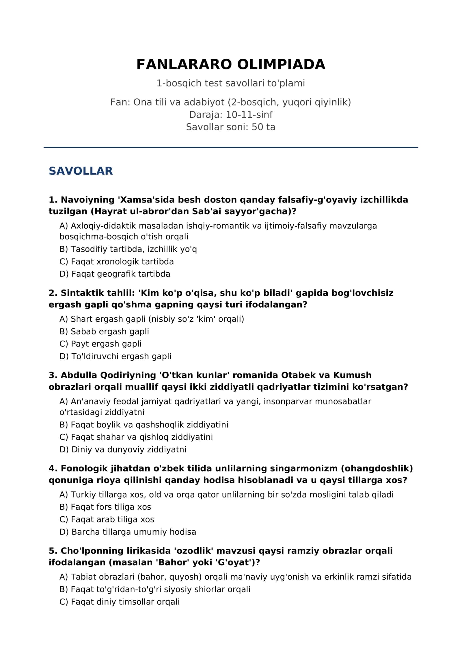 FANLARARO OLIMPIADA 2-bosqich test savollari to'plami