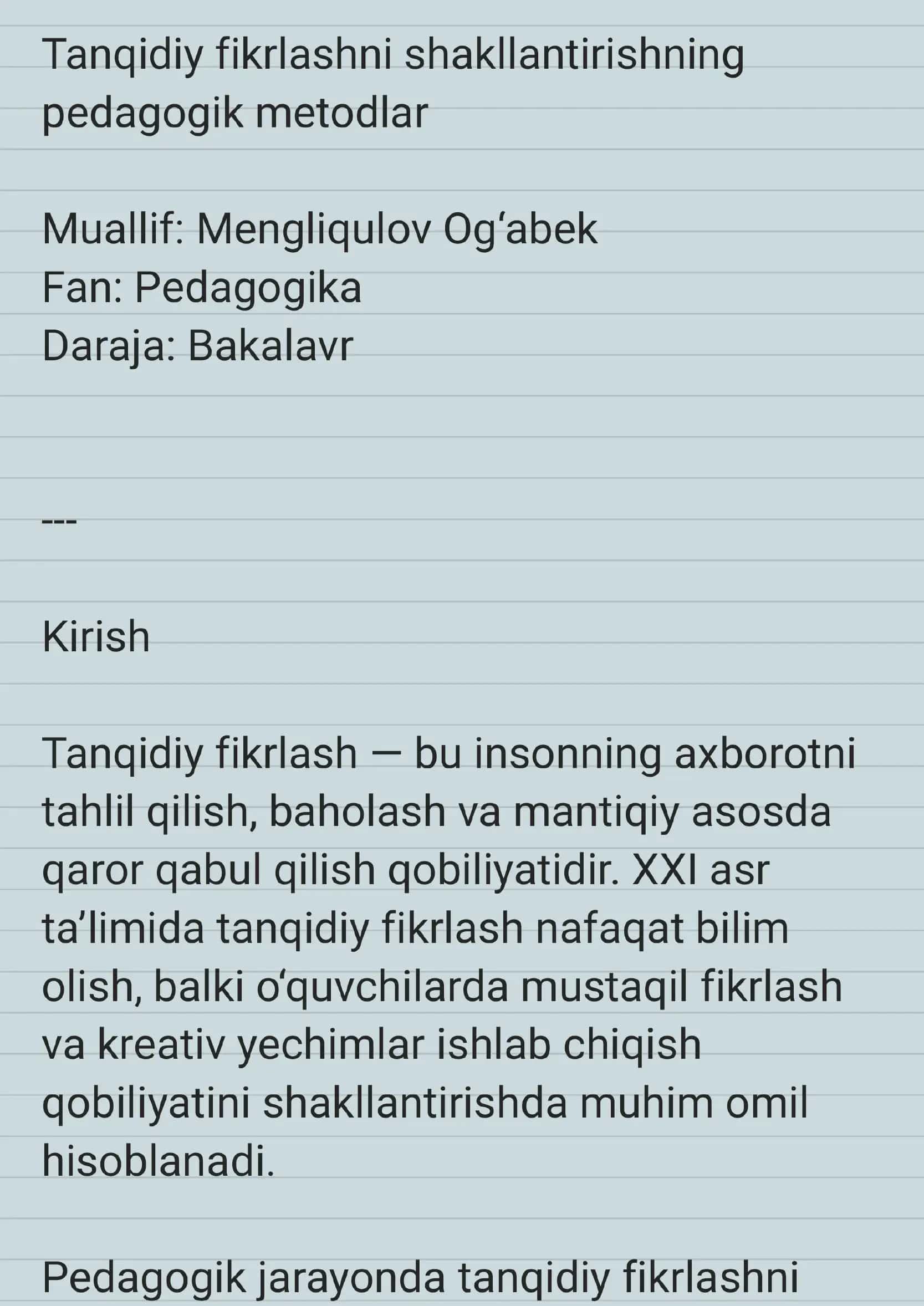 Tanqidiy fikrlashni shakllantirishning pedagogik metodlar