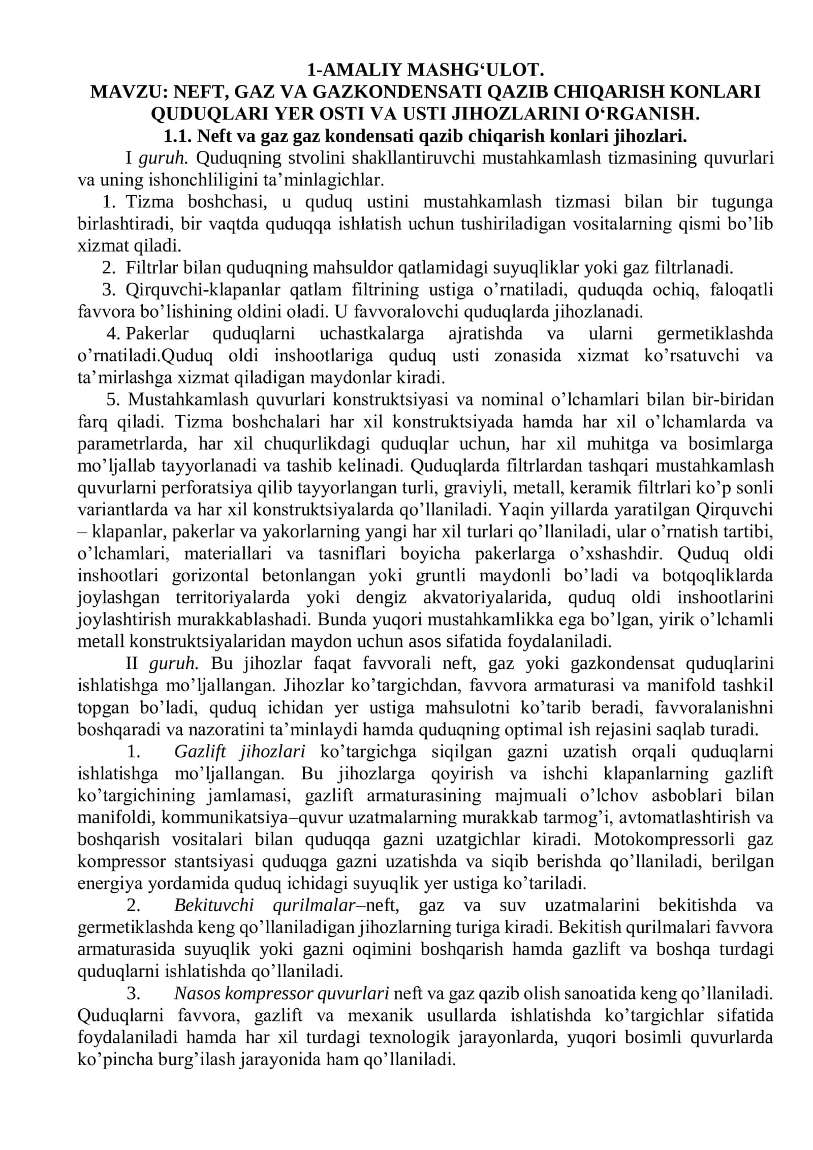 NEFT, GAZ VA GAZKONDENSATI QAZIB CHIQARISH KONLARI QUDUQLARI YER OSTI VA USTI JIHOZLARINI O‘RGANISH