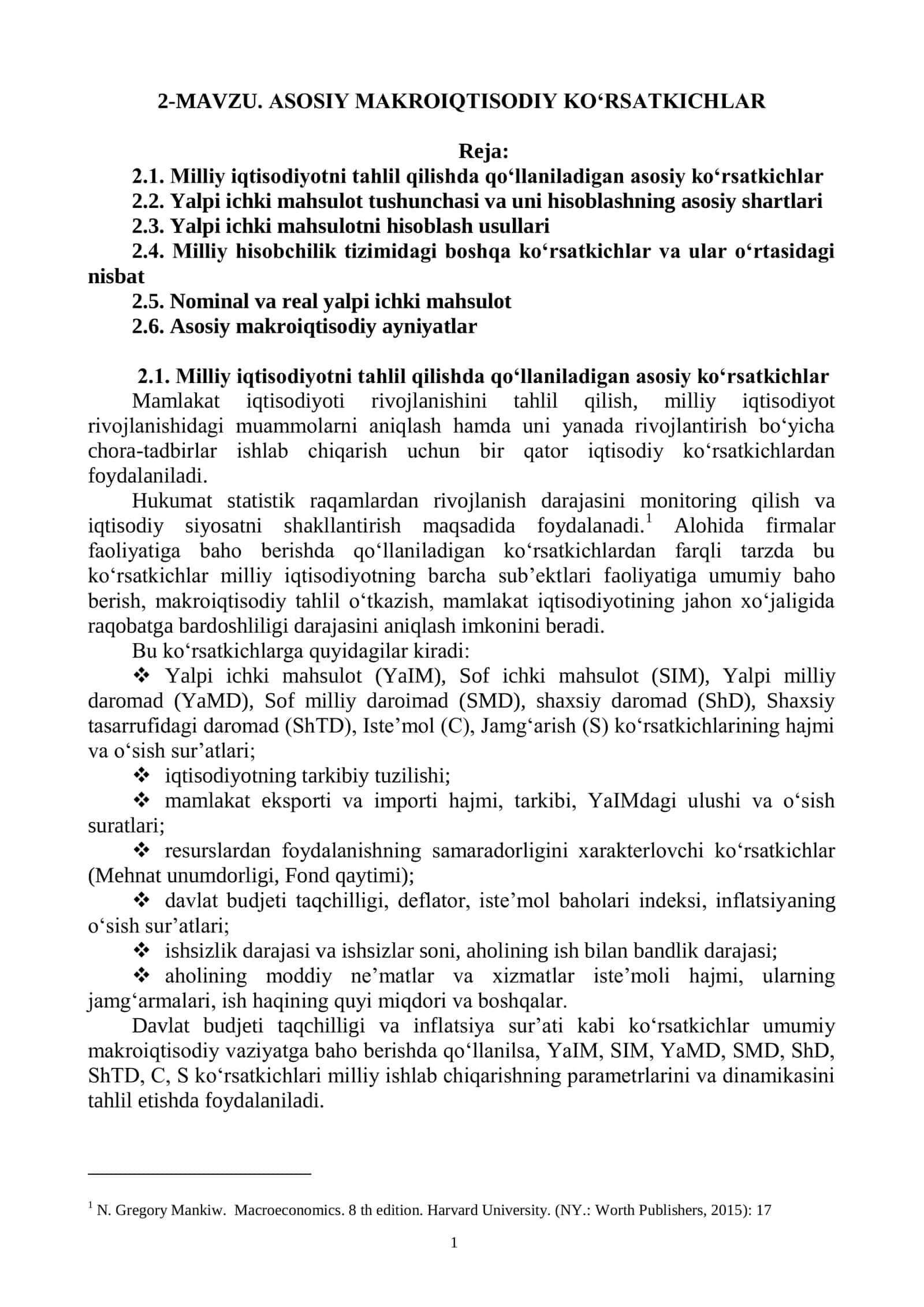 ASOSIY MAKROIQTISODIY KO‘RSATKICHLAR