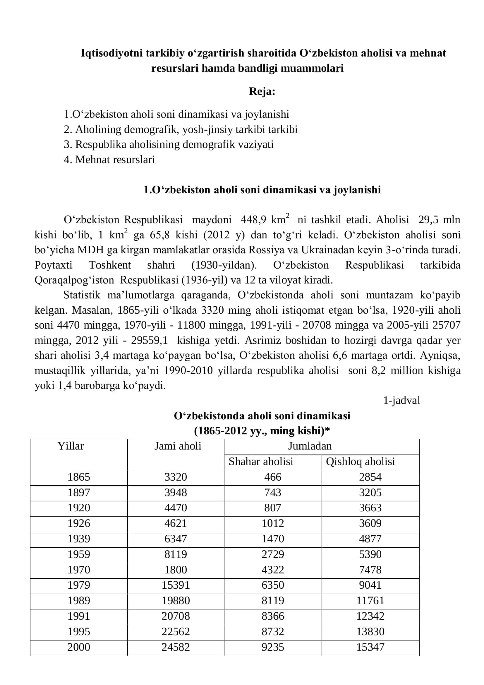 Iqtisodiyotni tarkibiy o‘zgartirish sharoitida O‘zbekiston aholisi va mehnat resurslari hamda bandligi muammolari