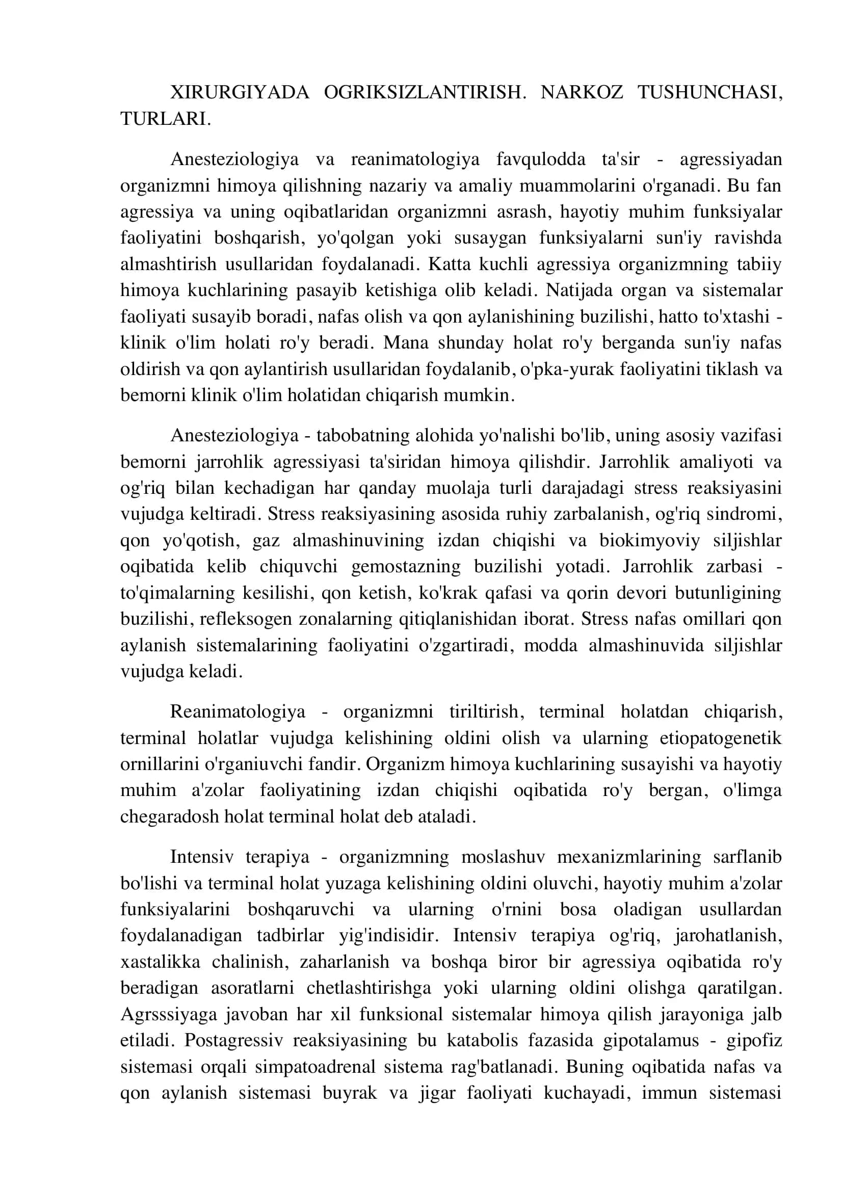 Xirurgiyada Ogriksizlantirish. Narkoz Tushunchasi