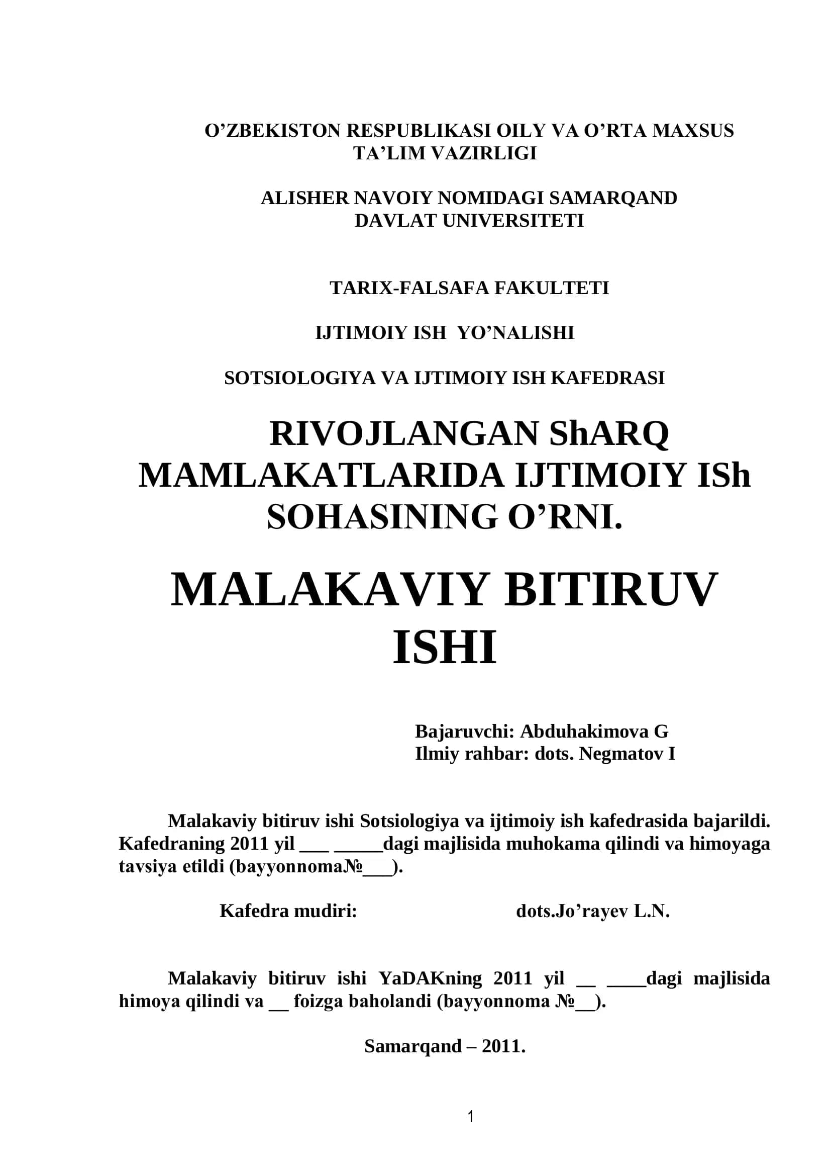 RIVOJLANGAN ShARQ MAMLAKATLARIDA IJTIMOIY ISh SOHASINING O’RNI