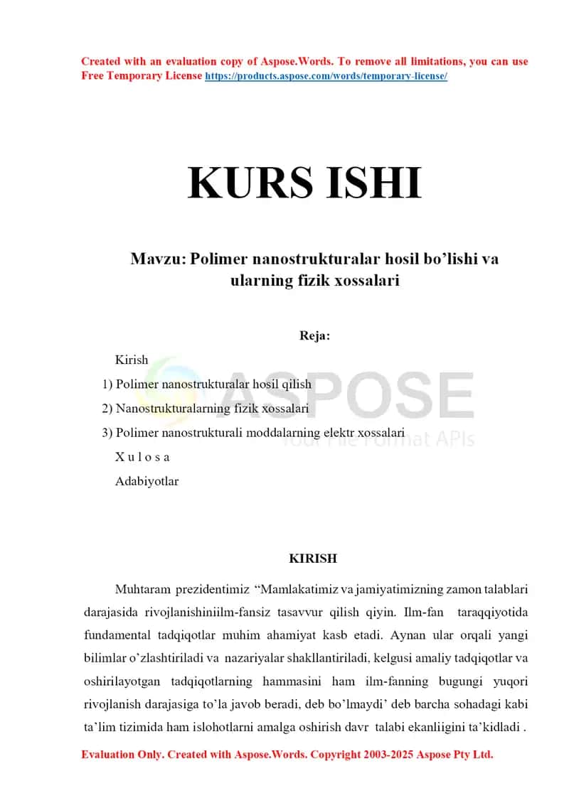 Kurs ishi – “Polimer nanostrukturalar hosil bo’lishi va ularning fizik xossalari”