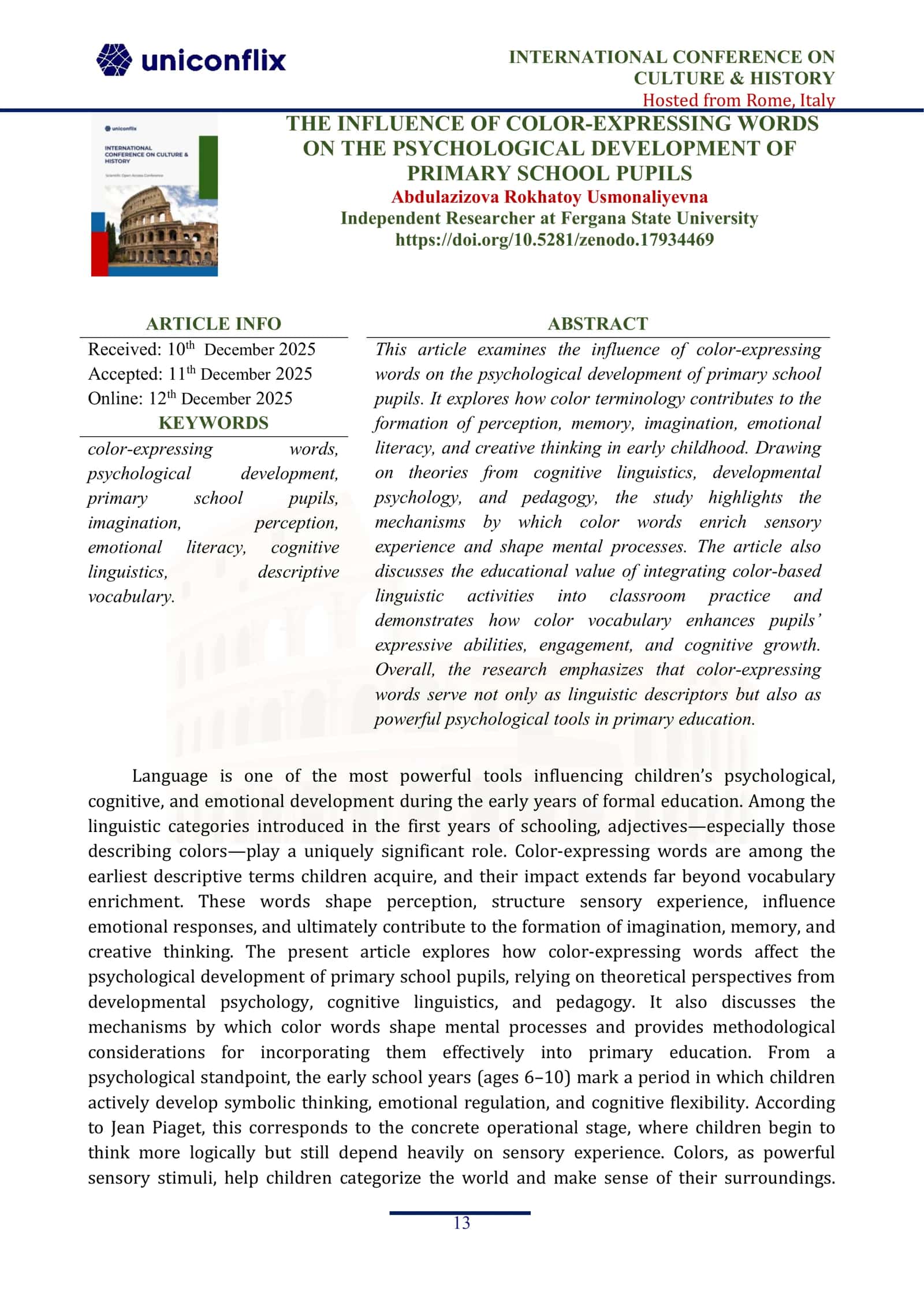 THE INFLUENCE OF COLOR-EXPRESSING WORDS ON THE PSYCHOLOGICAL DEVELOPMENT OF PRIMARY SCHOOL PUPILS