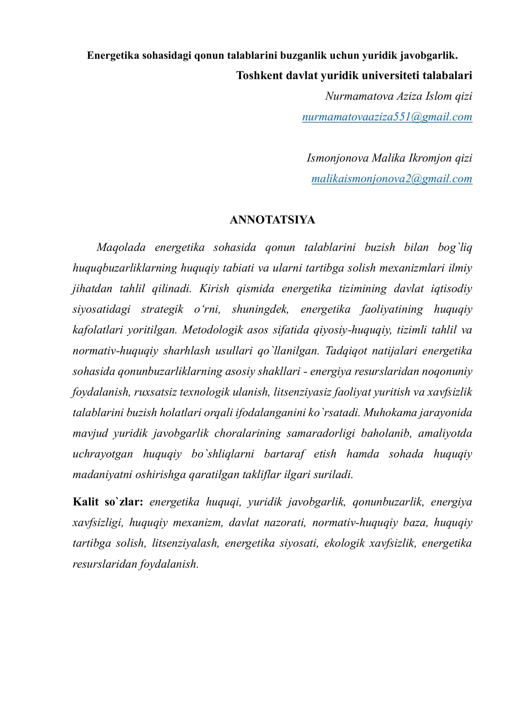 Energetika sohasida qonun talabalarini buzganlik uchun javobgarlik choralari