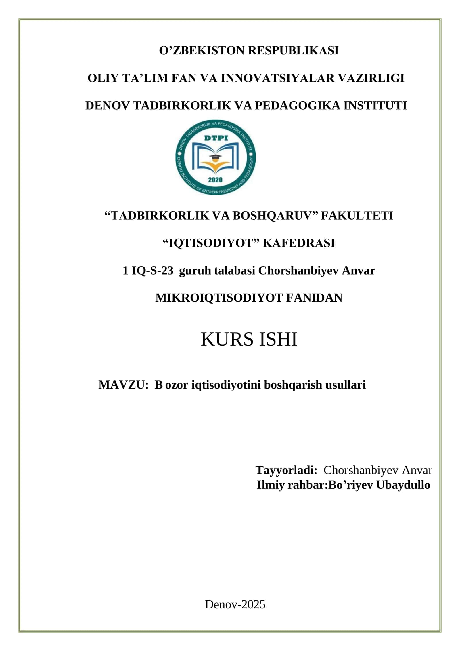 Bozor iqtisodiyotini boshqarish usullariKURS ISHI