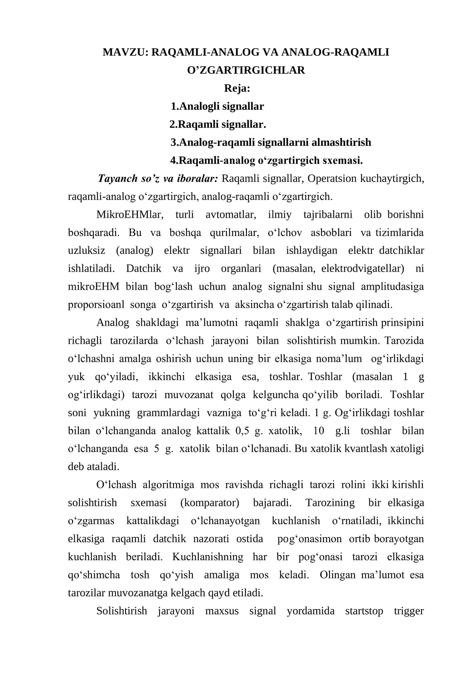 RAQAMLI-ANALOG VA ANALOG-RAQAMLI O’ZGARTIRGICHLAR