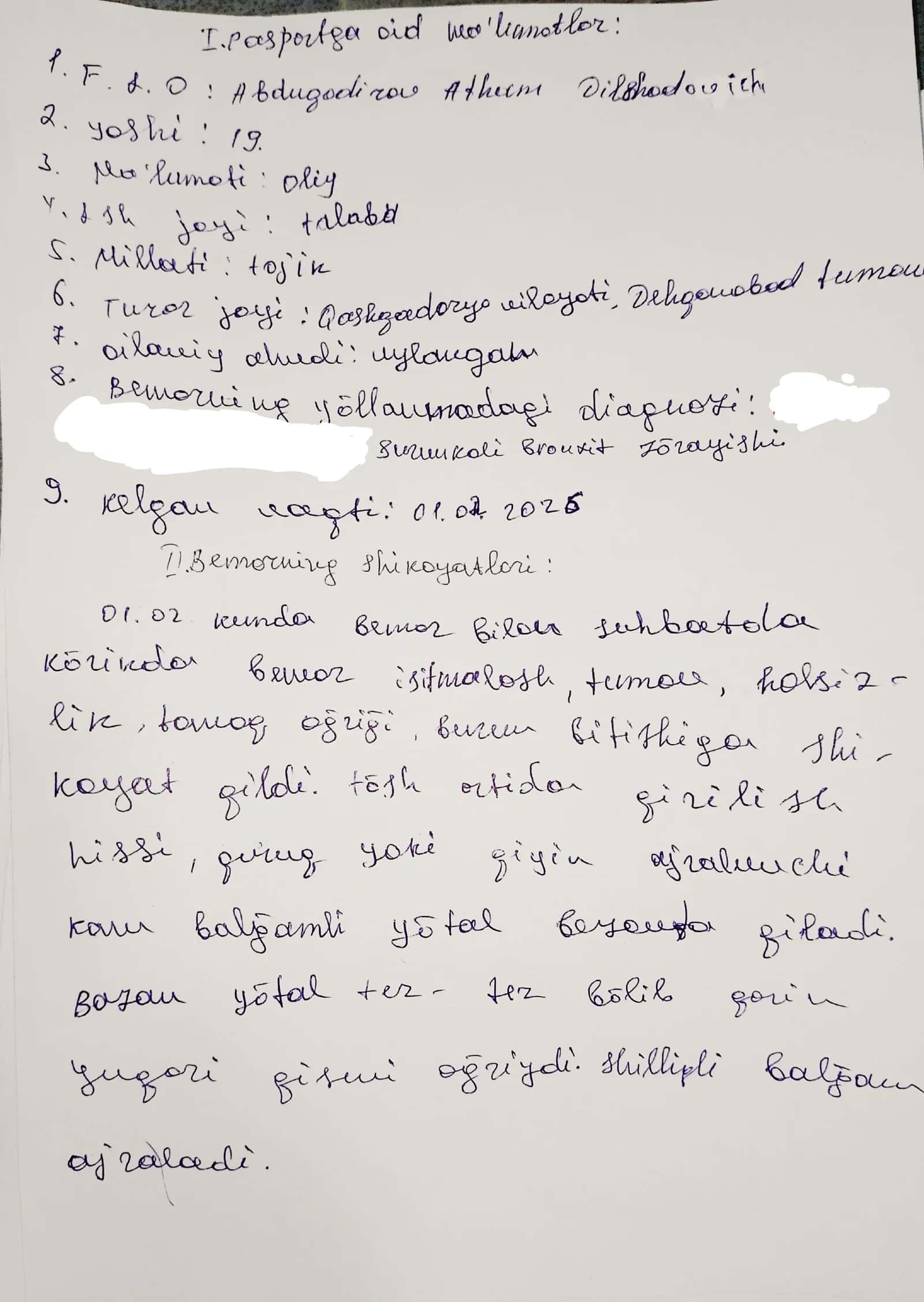 kasallik tarixi oʻtkir va surunkali bronxit IKP