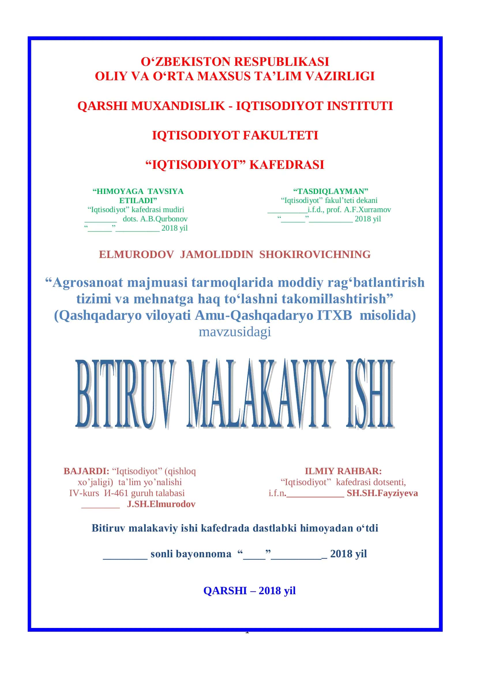 Agrosanoat majmuasi tarmoqlarida moddiy rag‘batlantirish tizimi va mehnatga haq to‘lashni takomillashtirish