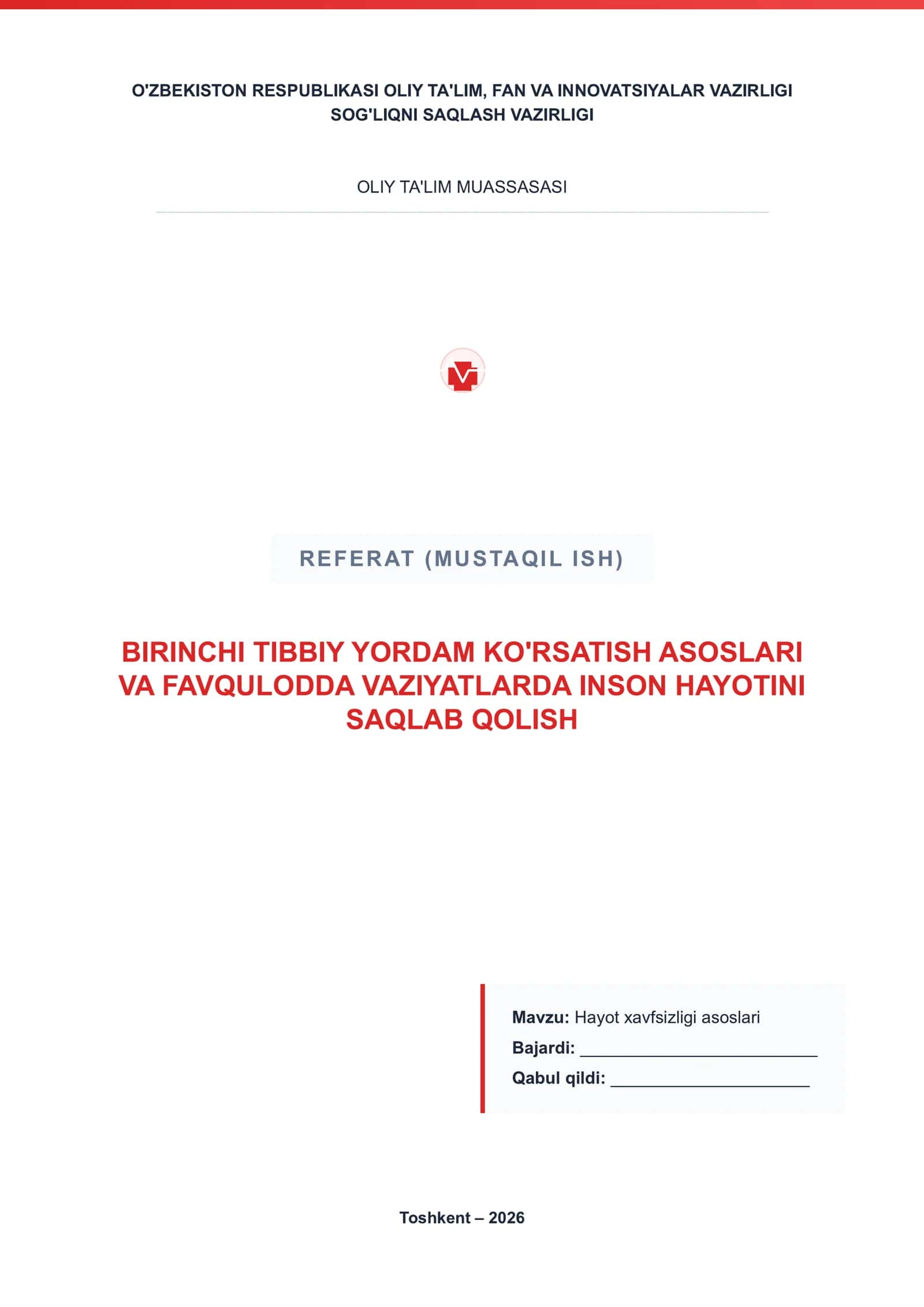 Birinchi Tibbiy Yordam Ko'rsatish Asoslar. Refarat i