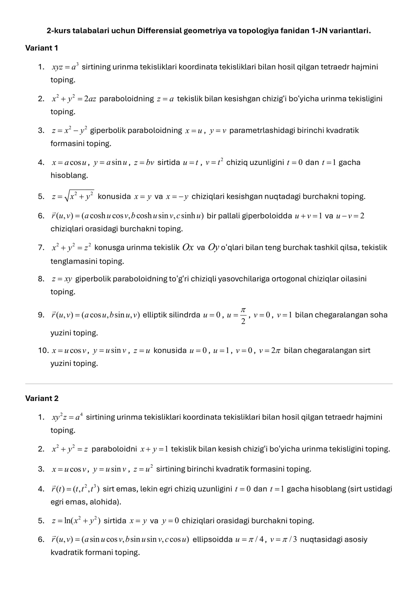 Differensial tenglama va topologiyadan 30 talik variant