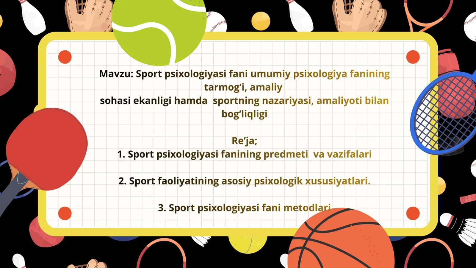 Sport psixologiyasi fani umumiy psixologiya fanining tarmog‘i, amaliy sohasi ekanligi hamda sportning nazariyasi, amaliyoti bilan bog‘liqligi