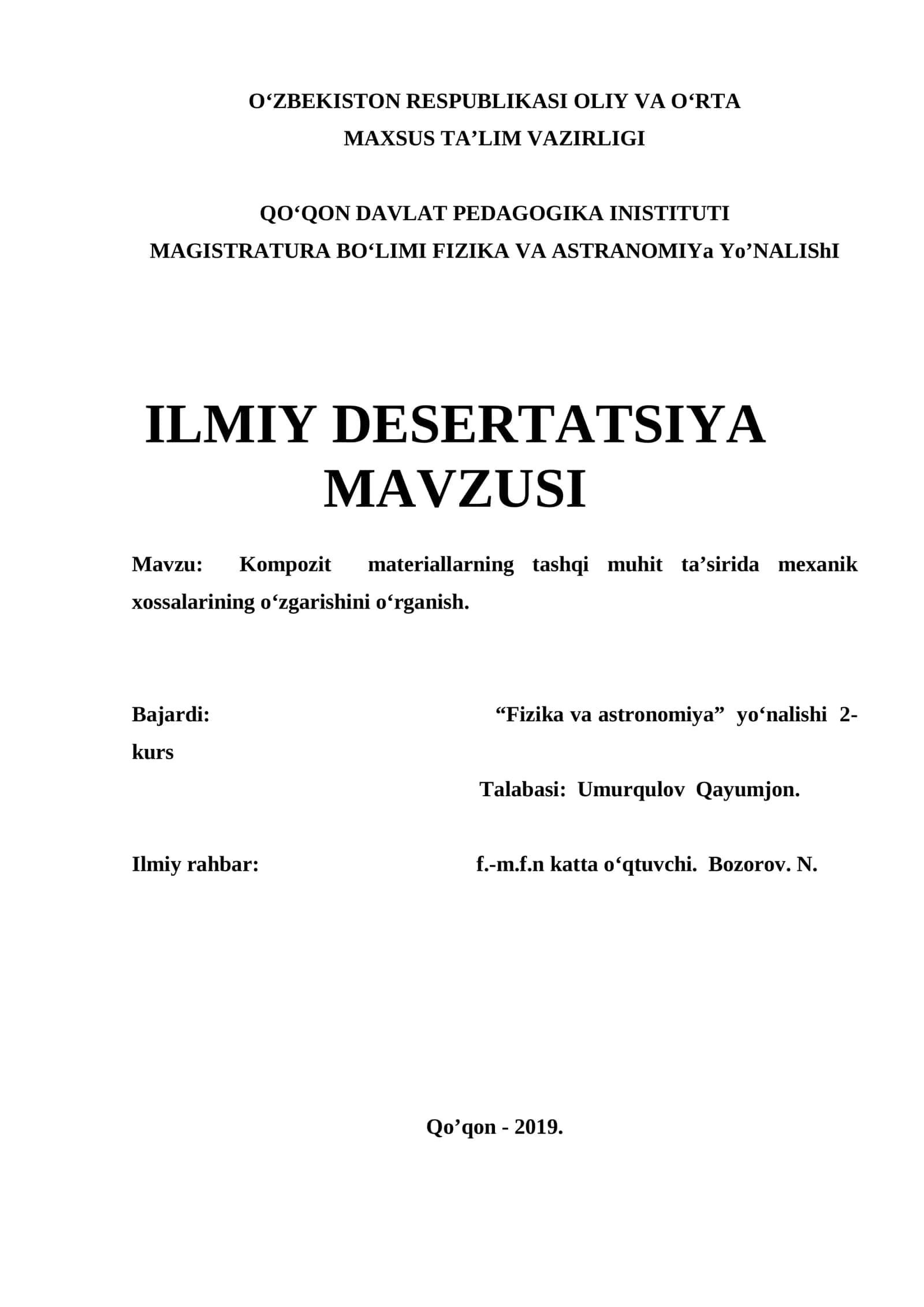 Kompozit materiallarning tashqi muhit ta’sirida mexanik xossalarining o‘zgarishini o‘rganish