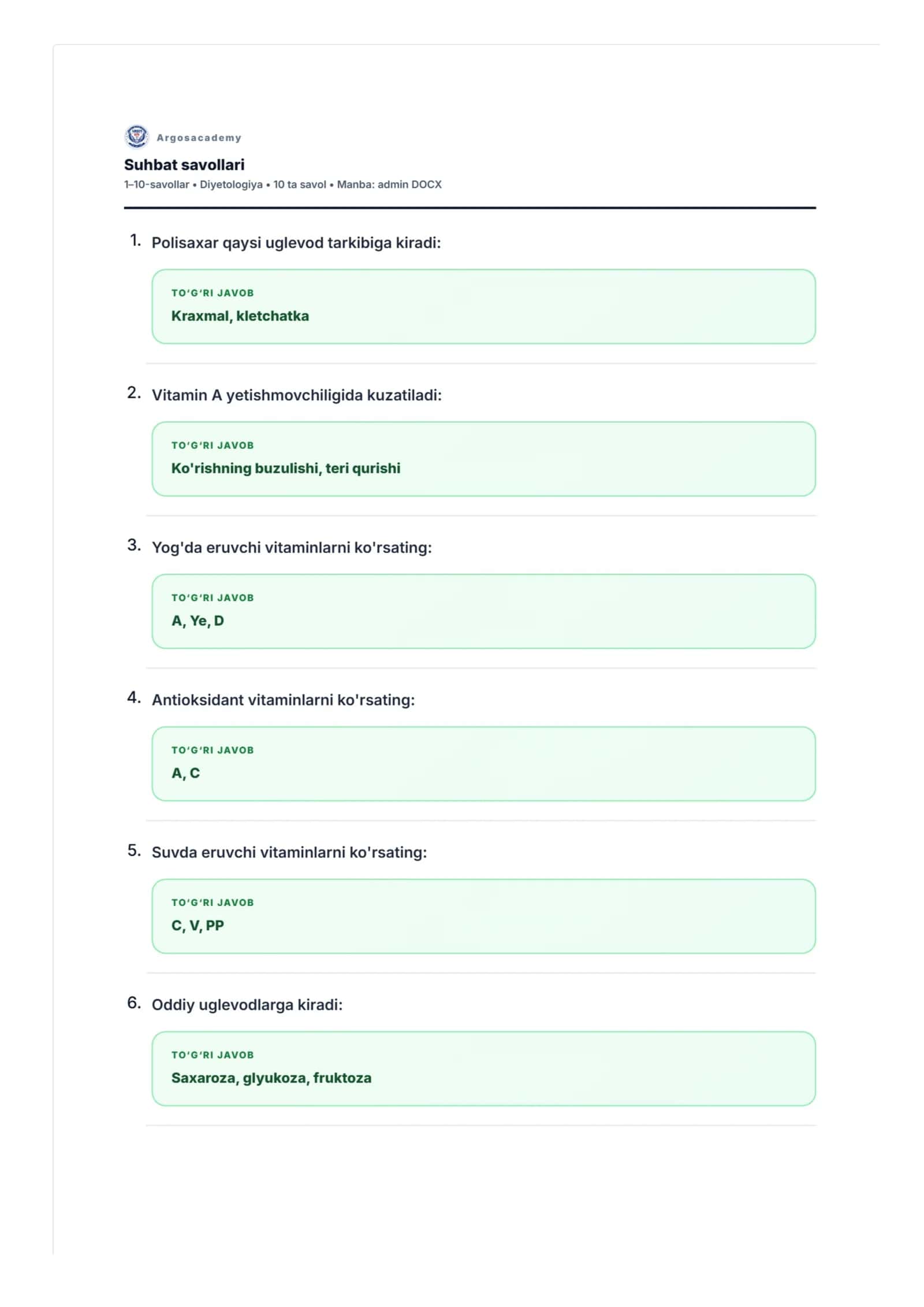 Diyetologiya bo'yicha testlar (argos.test)