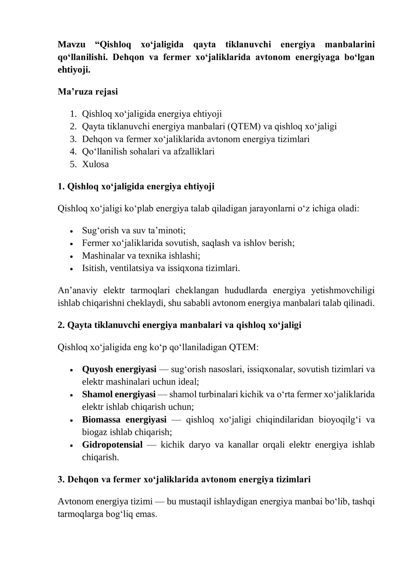 Qishloq xo‘jaligida qayta tiklanuvchi energiya manbalarini qo‘llanilishi