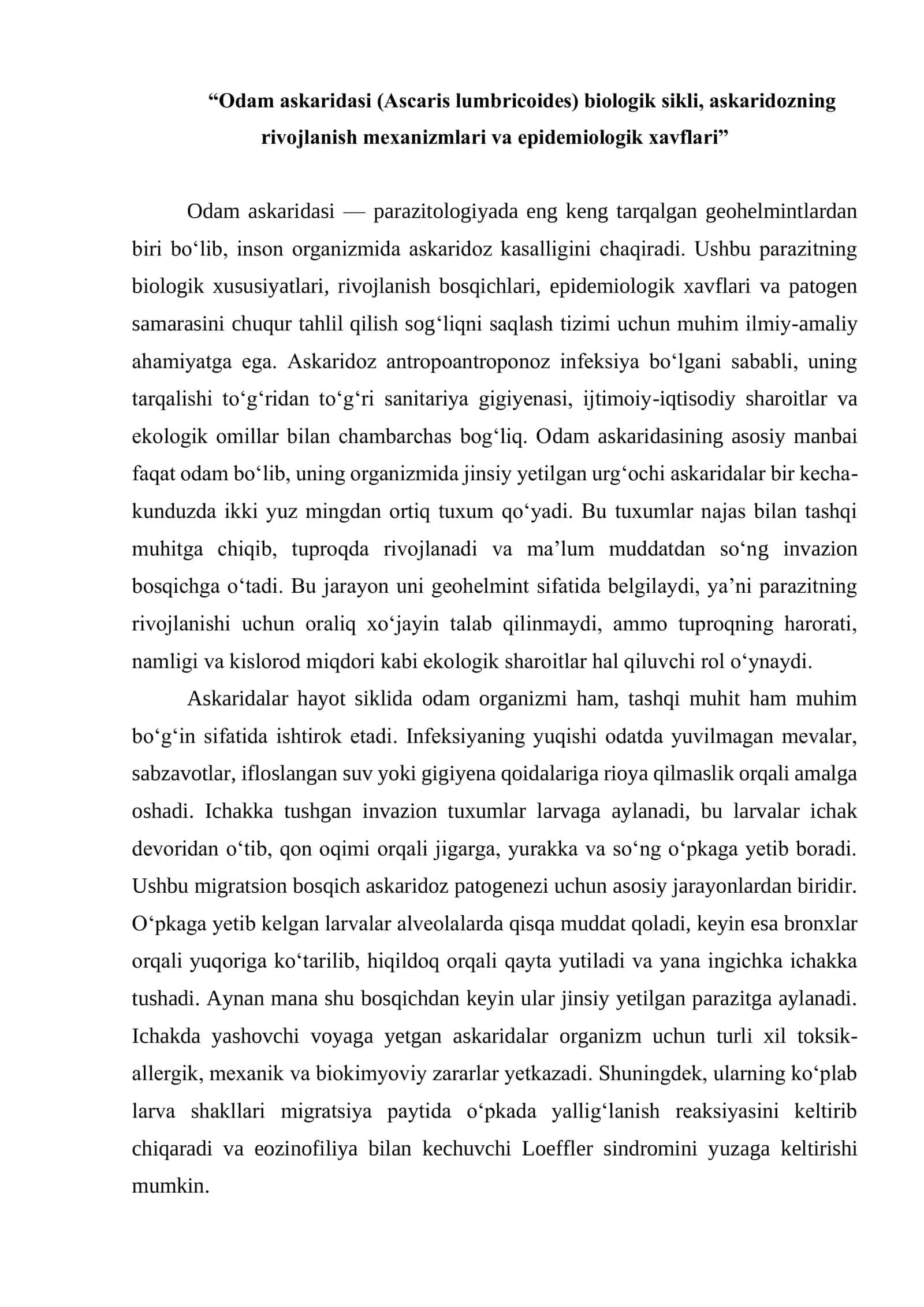 Odam askaridasi (Ascaris lumbricoides) biologik sikli