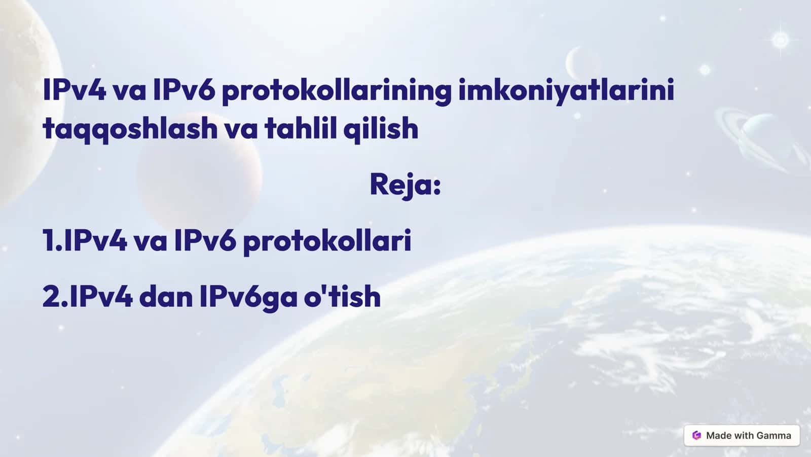 IPv4 va IPv6 protokollarining imkoniyatlarini taqqoshlash va tahlil qilish