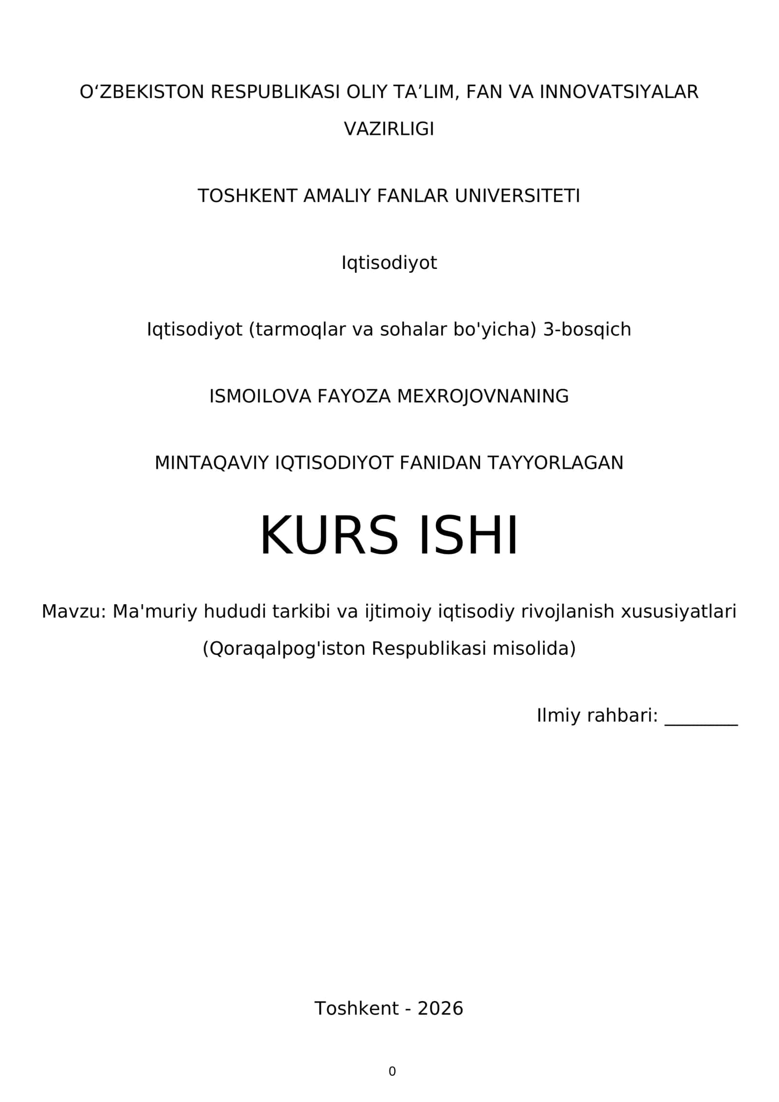 MINTAQAVIY IQTISODIYOT FANIDAN TAYYORLAGAN KURS ISHI