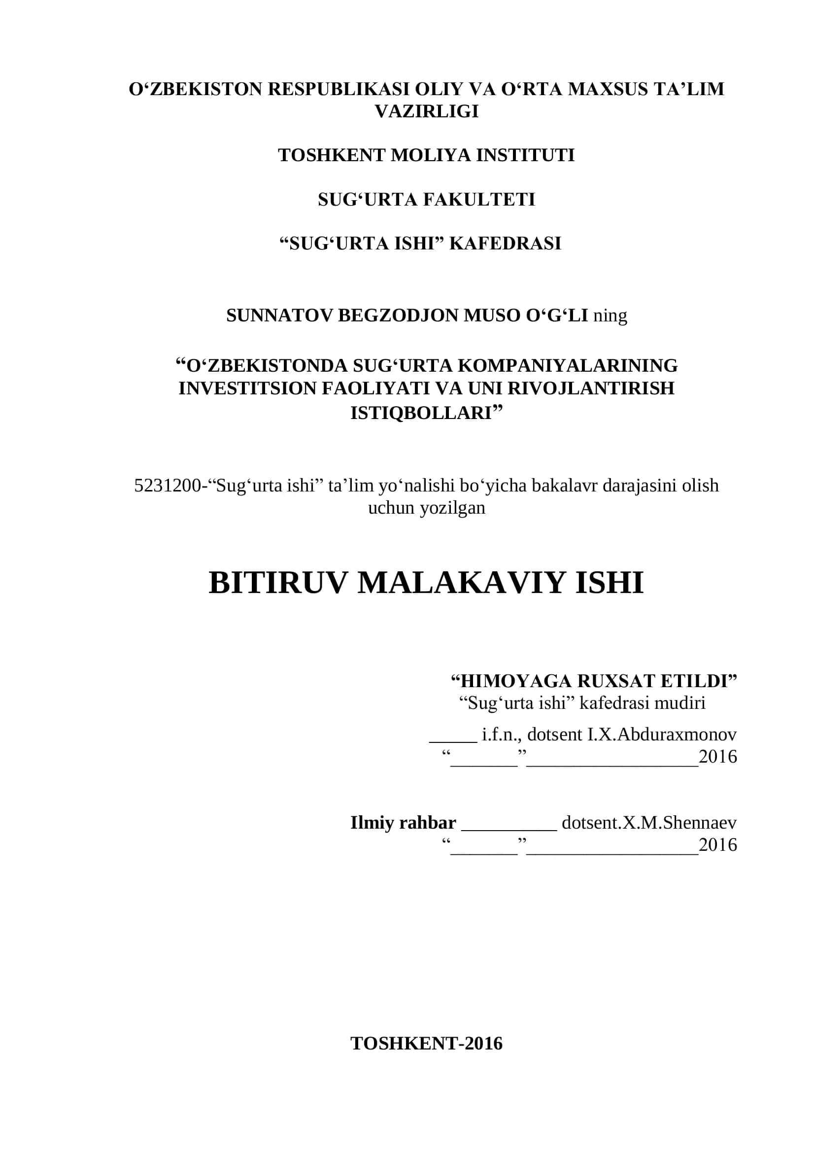 Sug‘urta kompaniyalarining investitsiya faoliyati va uni rivojlantirish istiqbollari