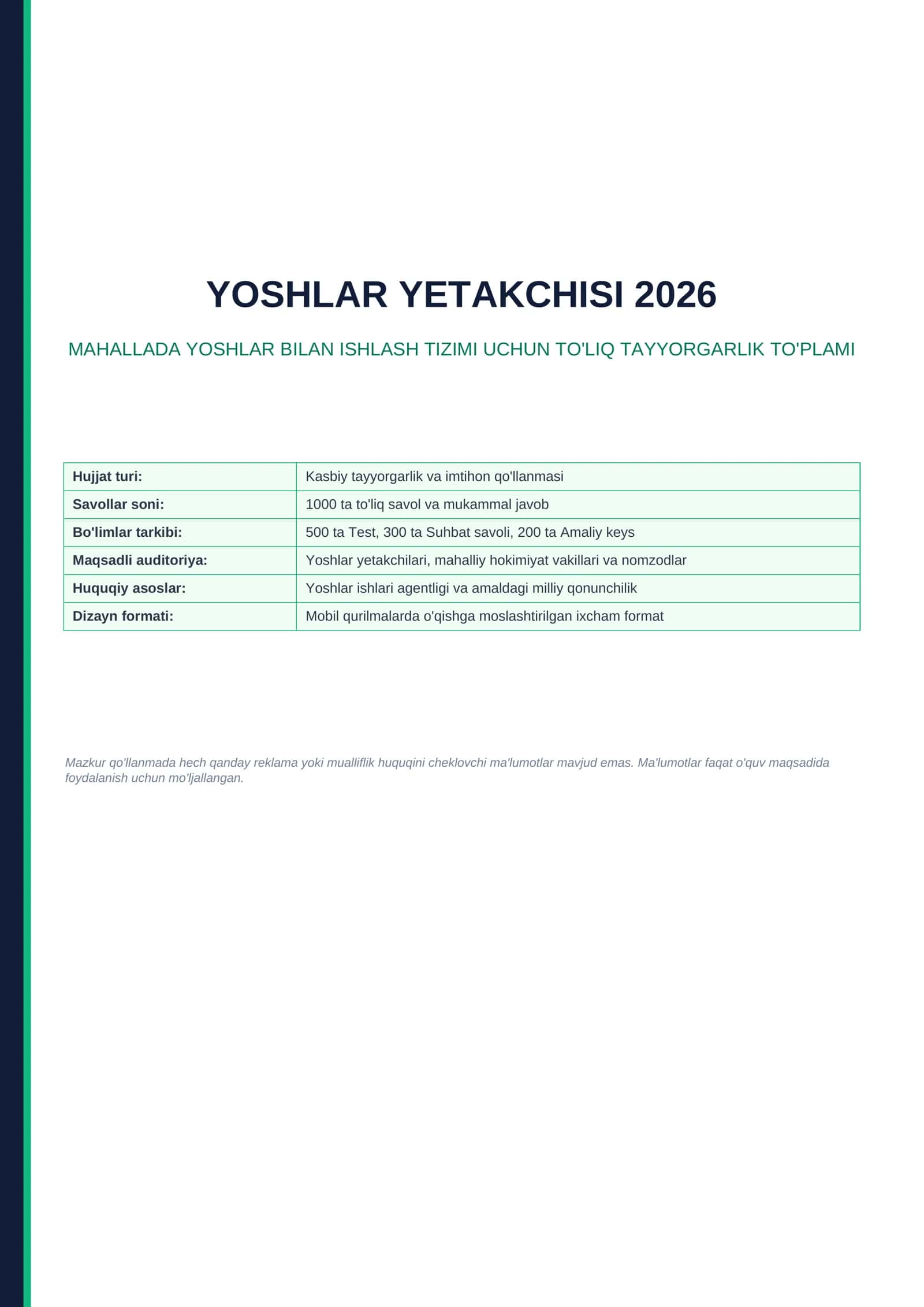 Yoshlar yetakchisi 2026 — 1000 ta test, suhbat va vaziyatli savollar