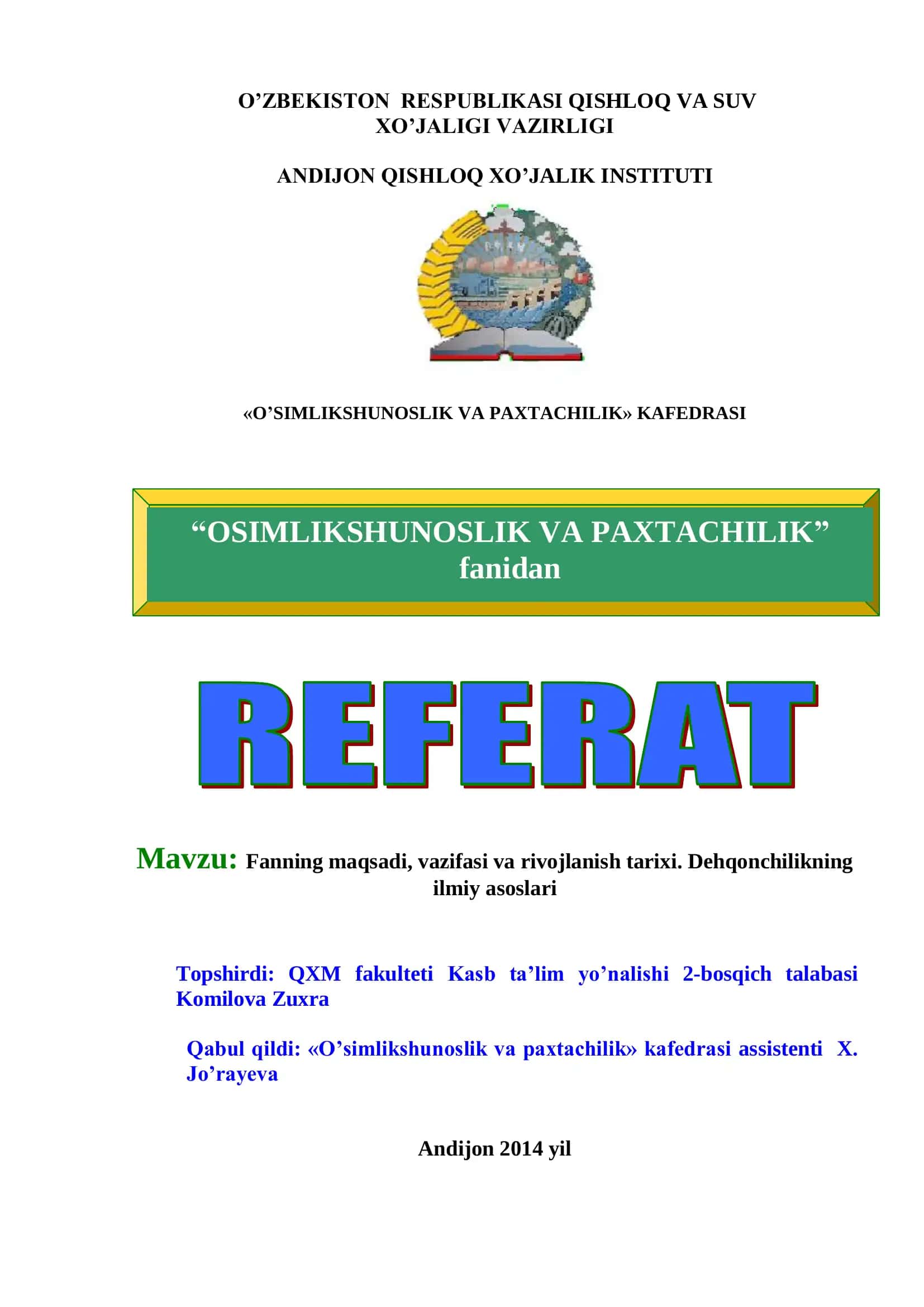 O’SIMLIKSHUNOSLIK VA PAXTACHILIK