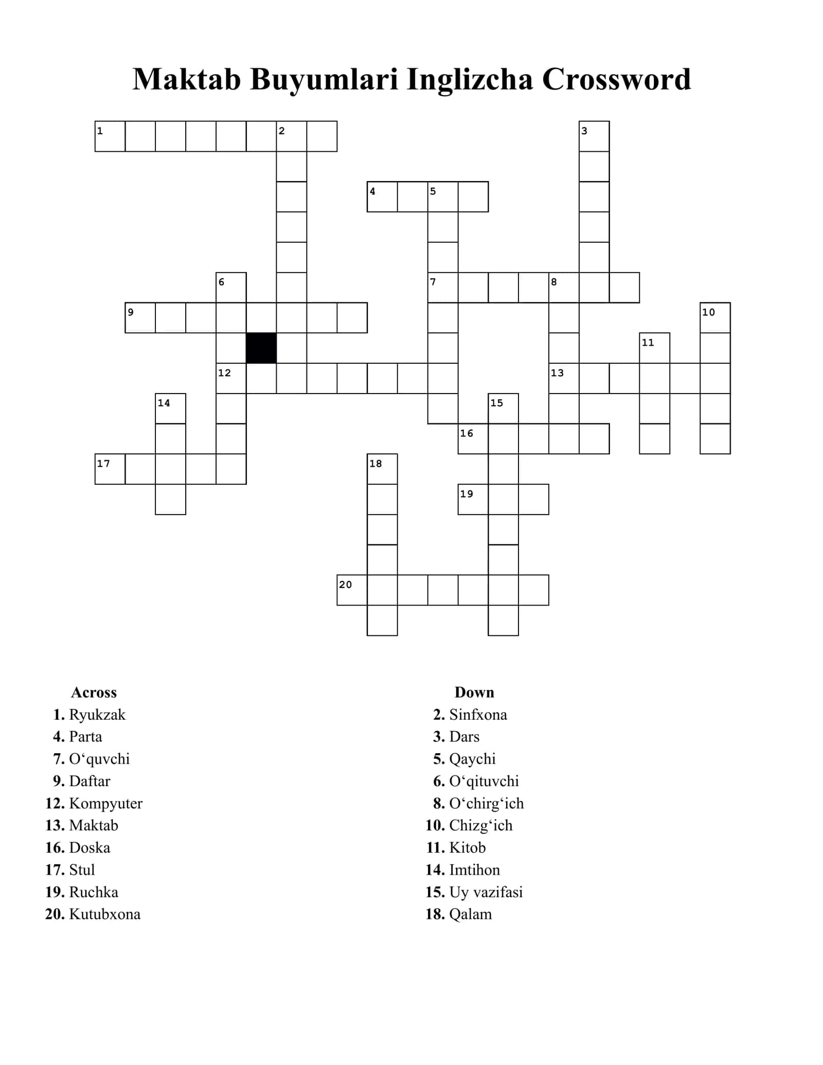 Maktab Buyumlari Inglizcha Crossword