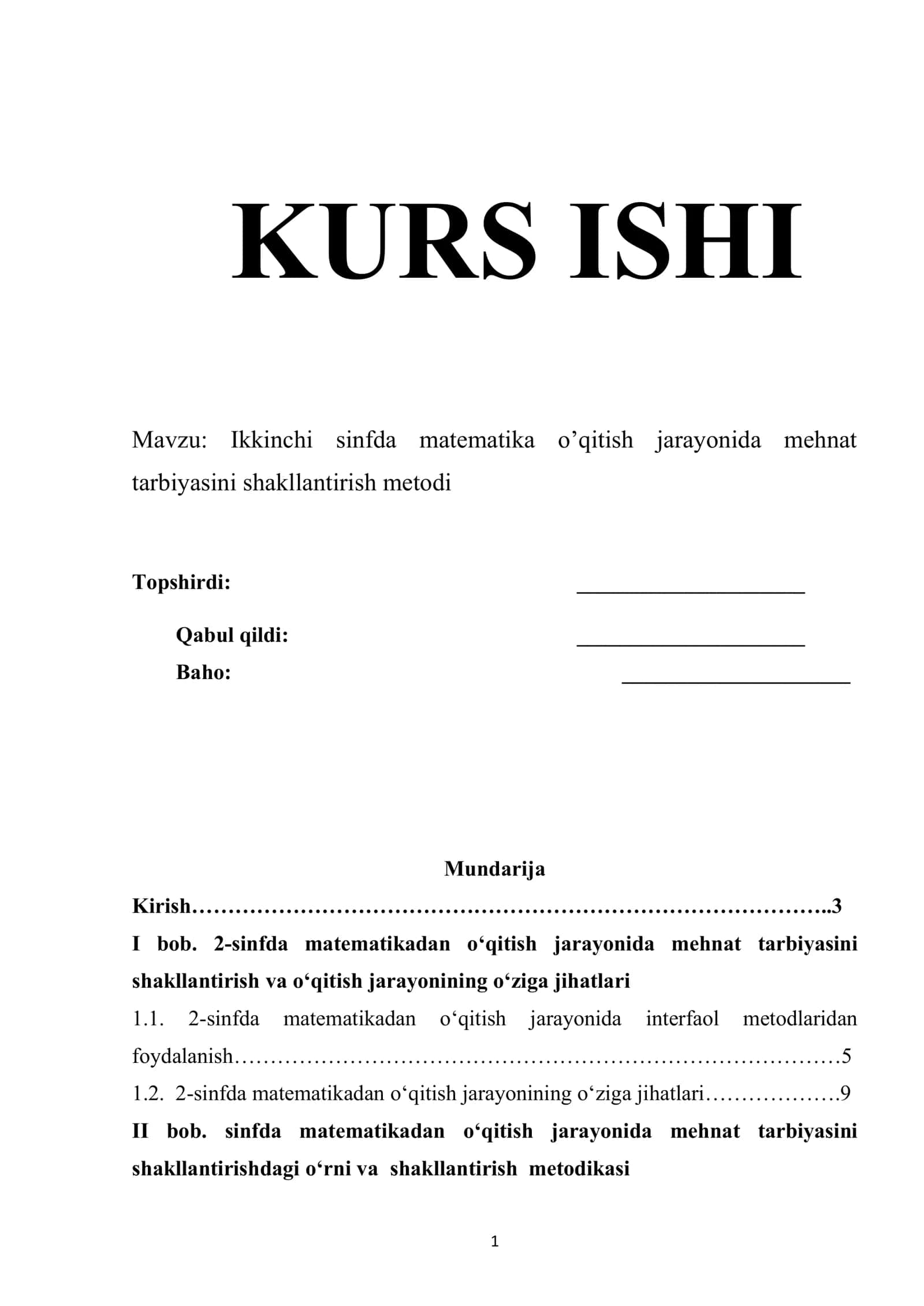 Ikkinchi sinfda matematika o’qitish jarayonida mehnat tarbiyasini shakllantirish metodi
