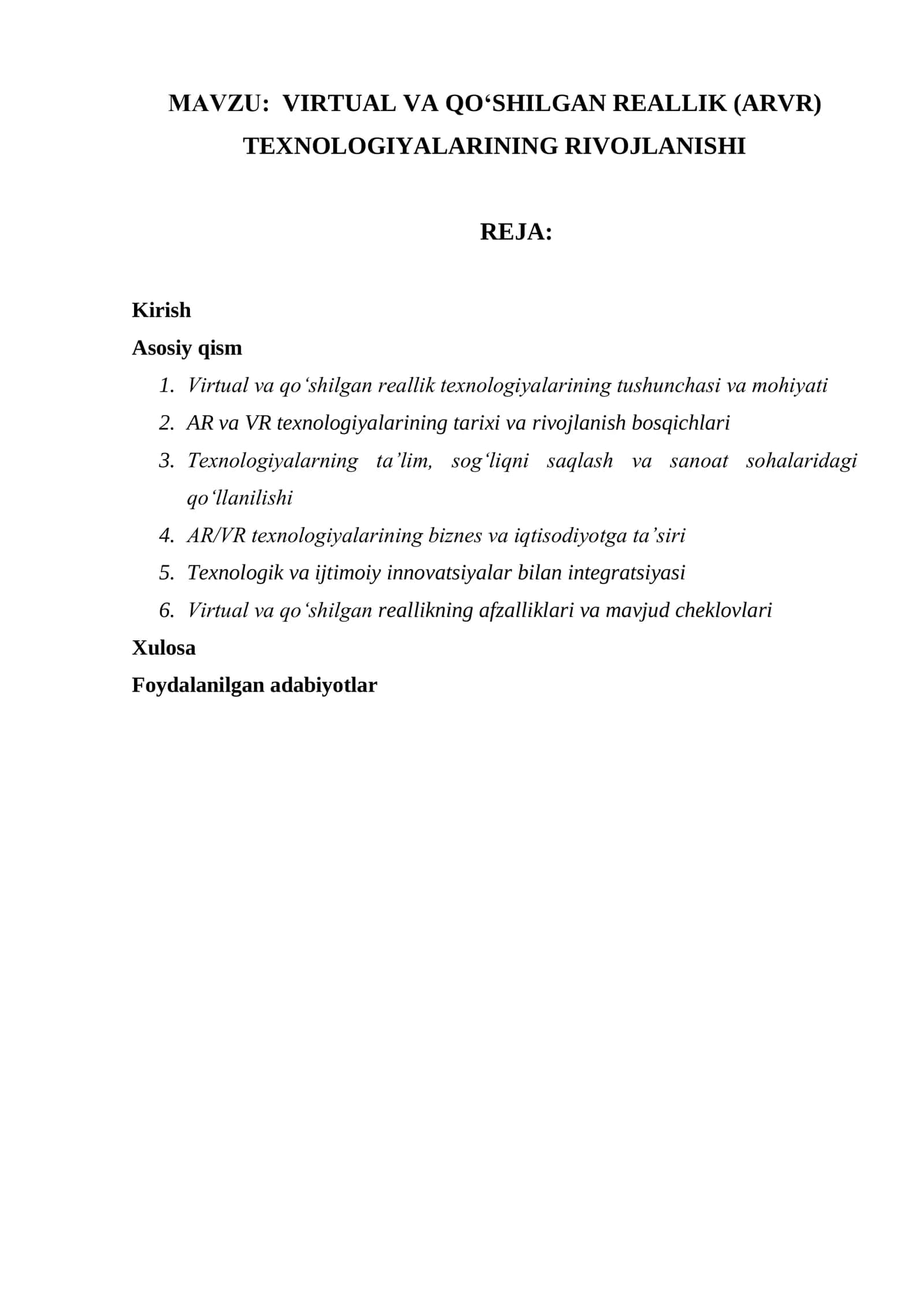 VIRTUAL VA QO‘SHILGAN REALLIK (ARVR) TEXNOLOGIYALARINING RIVOJLANISHI