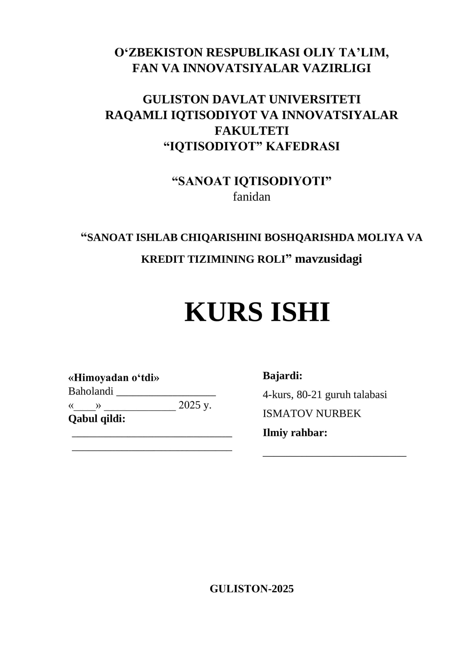 “SANOAT ISHLAB CHIQARISHINI BOSHQARISHDA MOLIYA VA KREDIT TIZIMINING ROLI” KURS ISHI