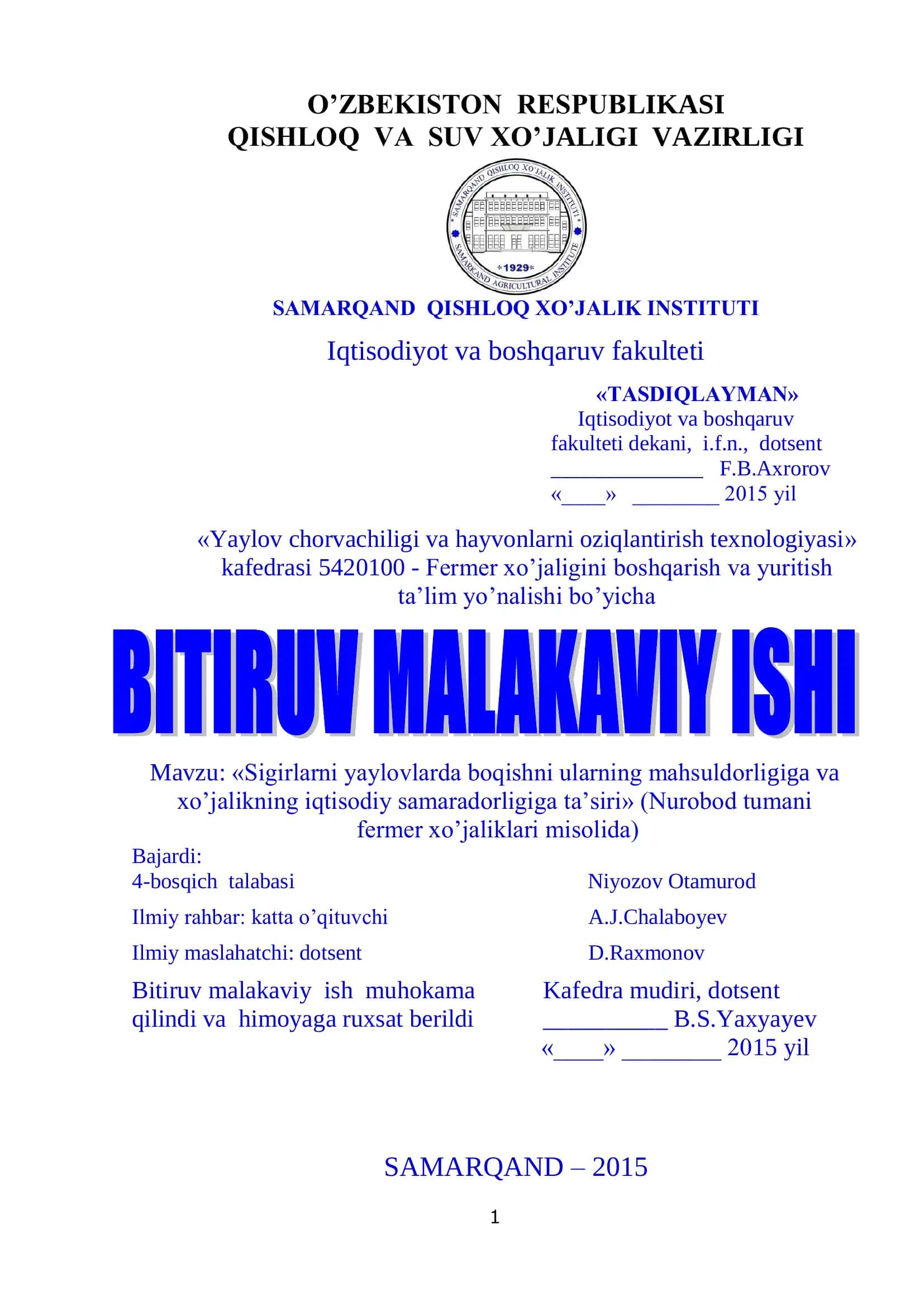 Yaylov chorvachiligi va hayvonlarni oziqlantirish texnologiyasi