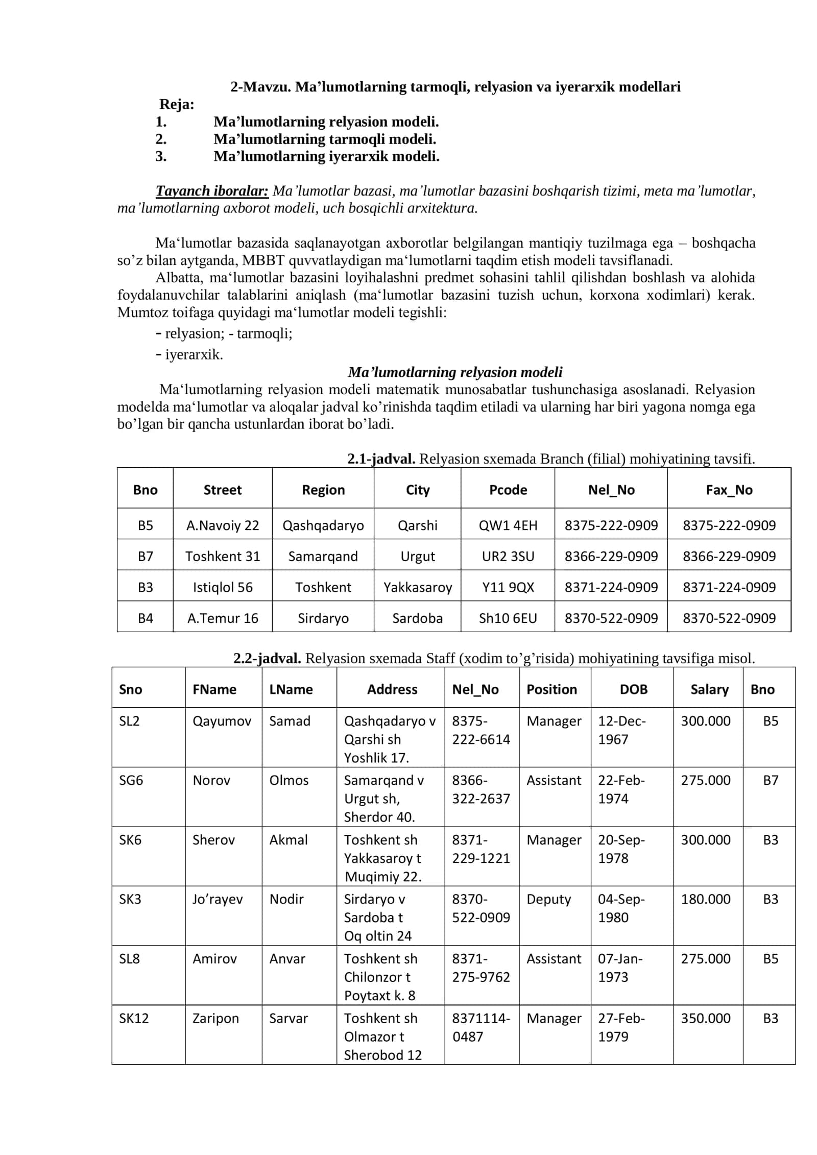 Ma’lumotlarning tarmoqli, relyasion va iyerarxik modellari