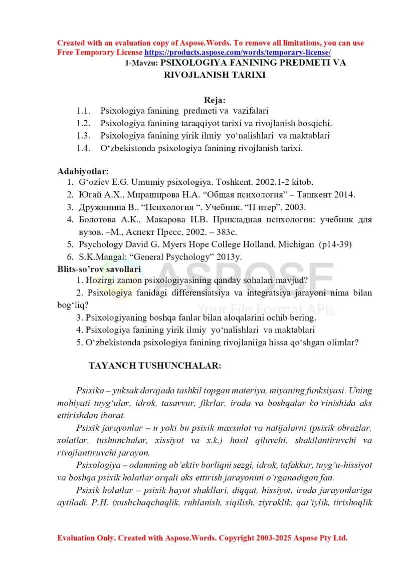 Psixologiya fanining predmeti va rivojlanish tarixi
