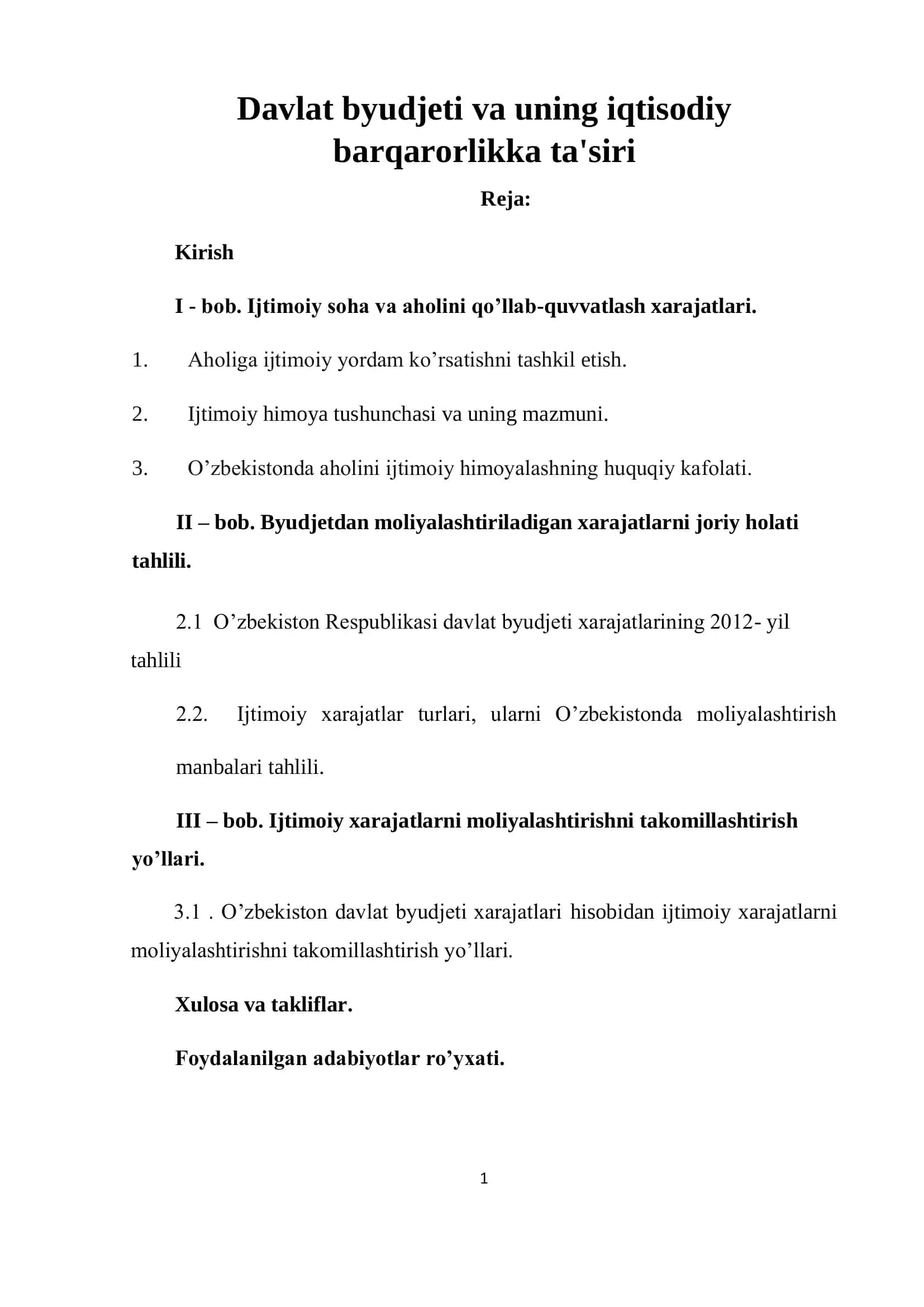 Davlat byudjeti va uning iqtisodiy barqarorlikka ta'siri