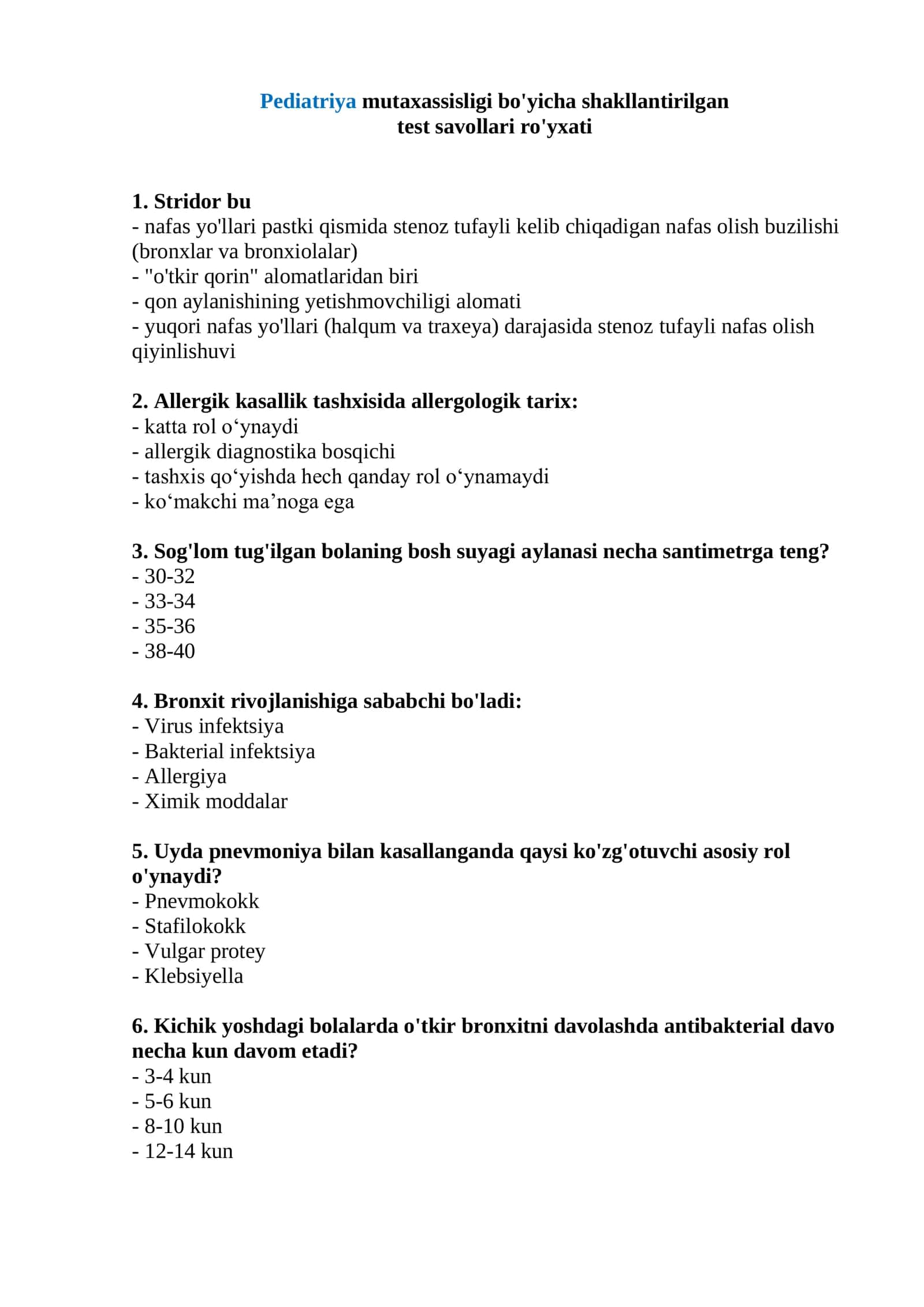 Pediatriya ordinatura va magistratura uchun test
