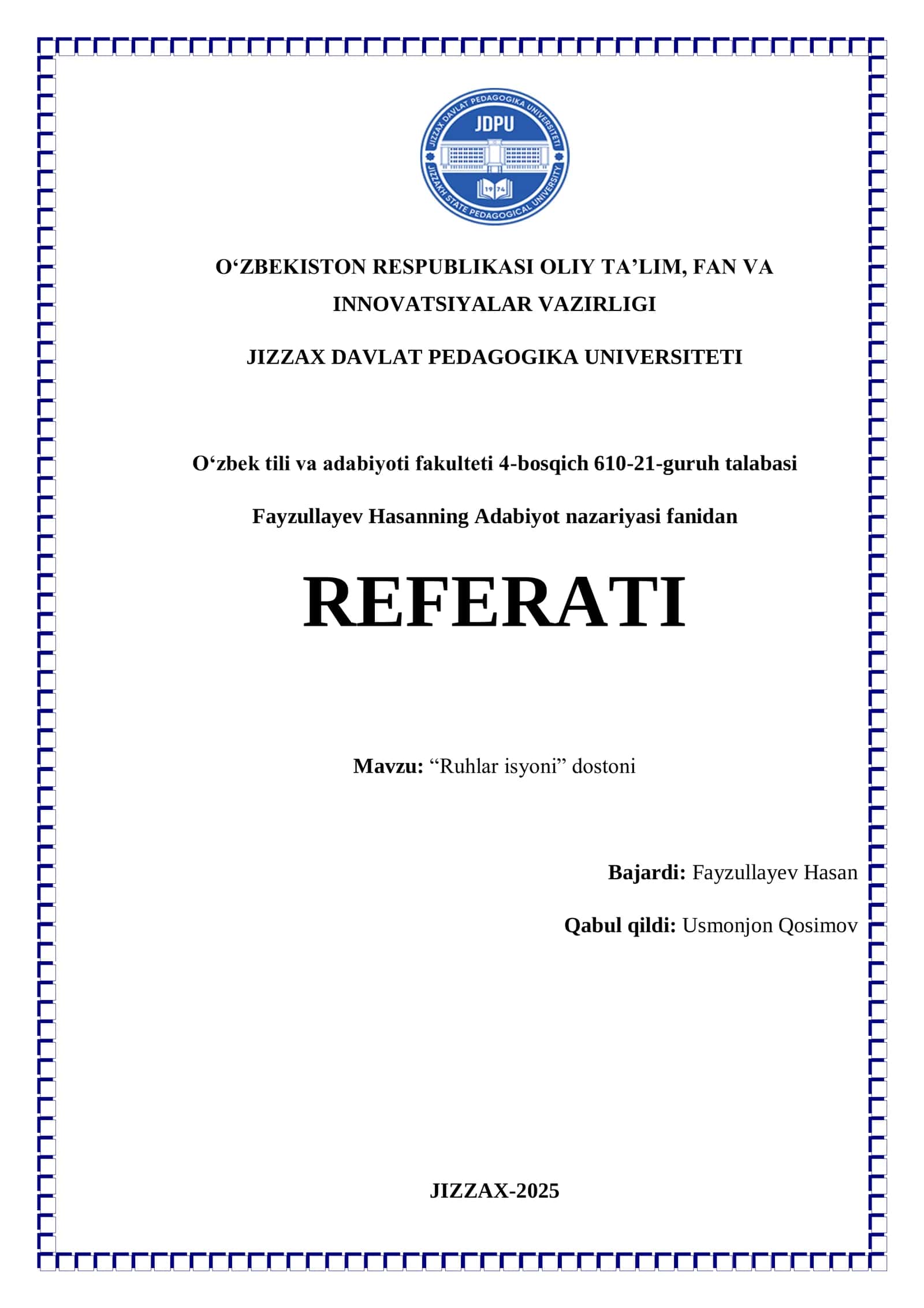 Erkin Vohidovning "Ruhlar isyoni" dostoni yuzasidan referat