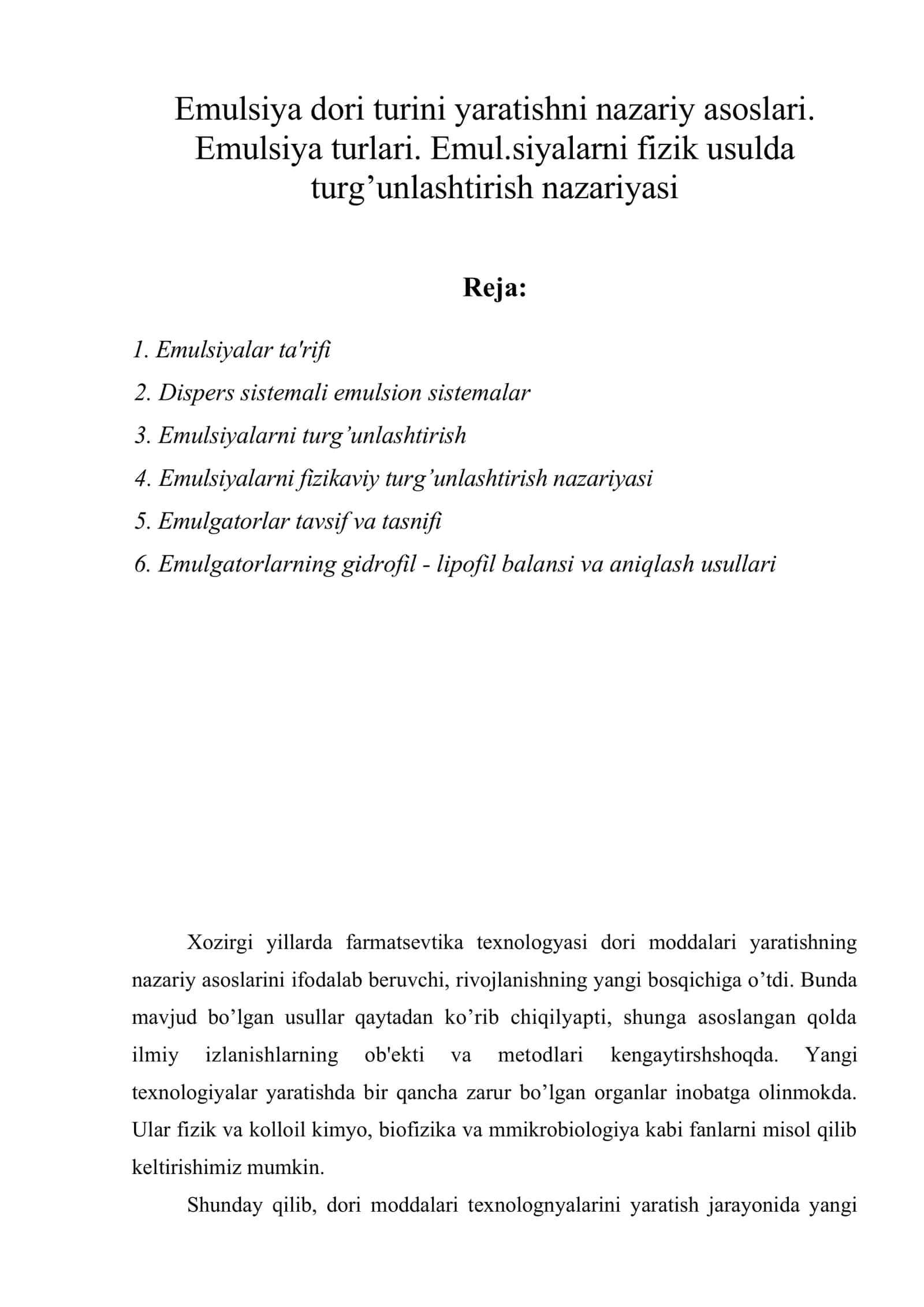 Emulsiya dori turini yaratishni nazariy asoslari