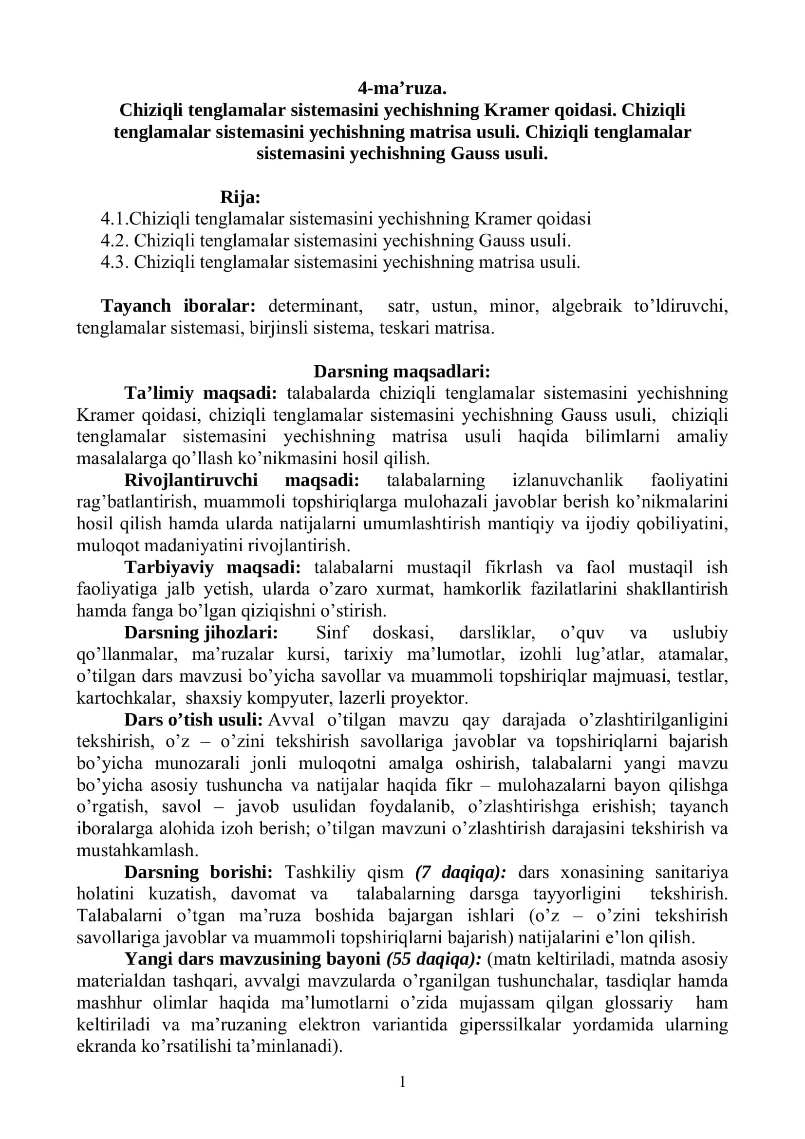 Oliy matematika: chiziqli tenglamalar sistemasi — Kramer, Gauss, matrisa usuli (PDF)