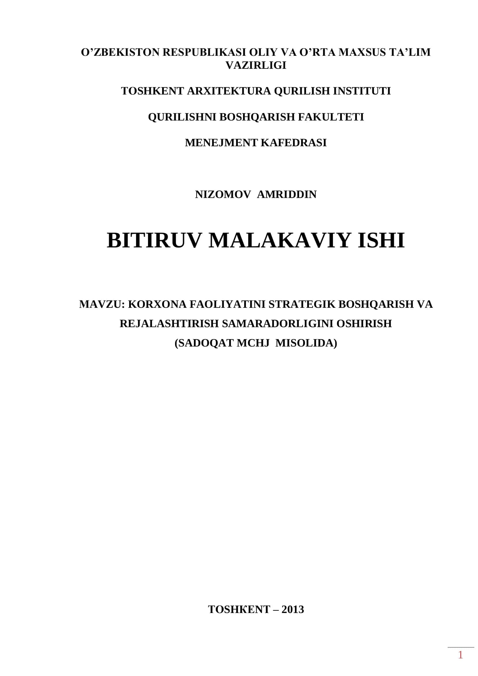 KORXONA FAOLIYATINI STRATEGIK BOSHQARISH VA REJALASHTIRISH SAMARADORLIGINI OSHIRISH